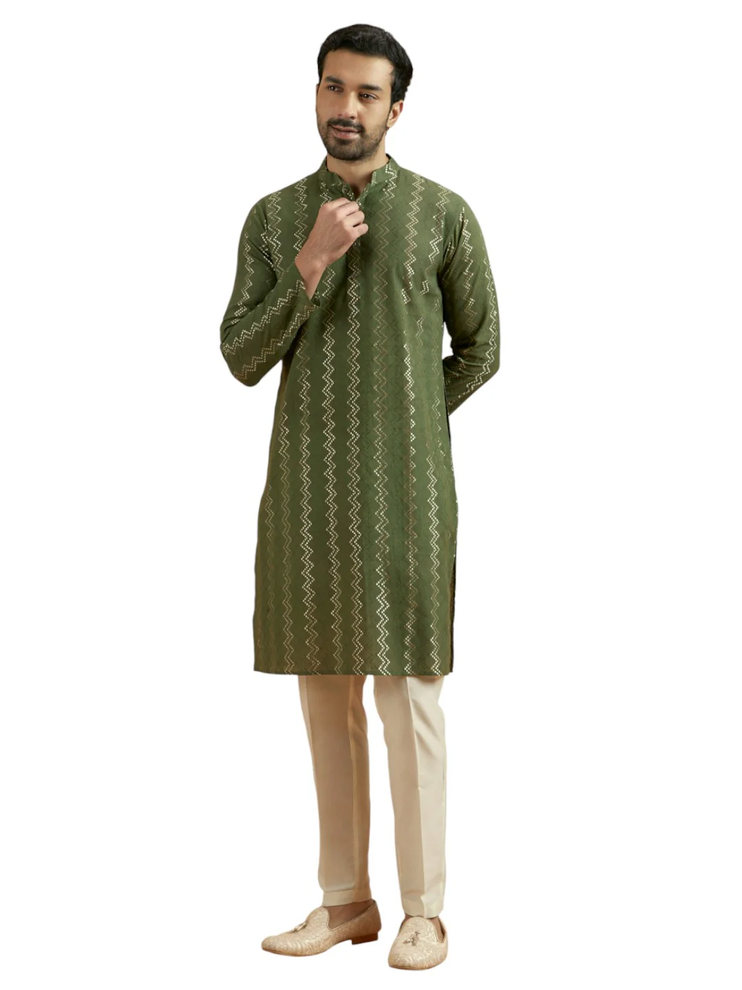 Green Cotton Blend Textured Kurta Trouser Set - Image 8