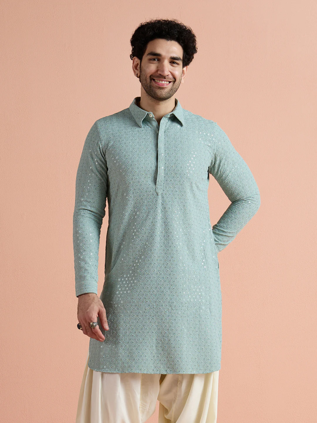 Green Viscose Embellished Pathani Kurta Patiyala Set - Image 11