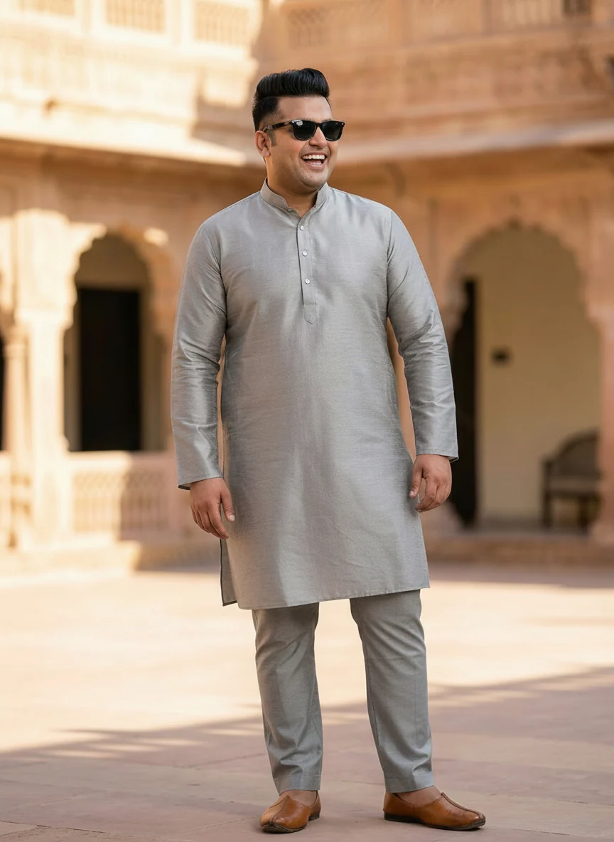 Grey Cotton Silk Plain Kurta