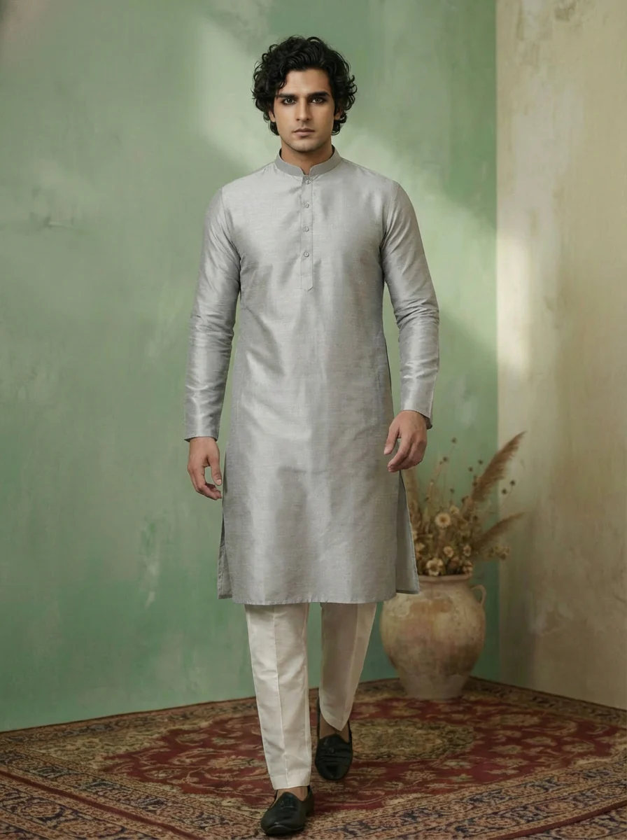 Grey Silk Blend Solid Kurta Trouser Set