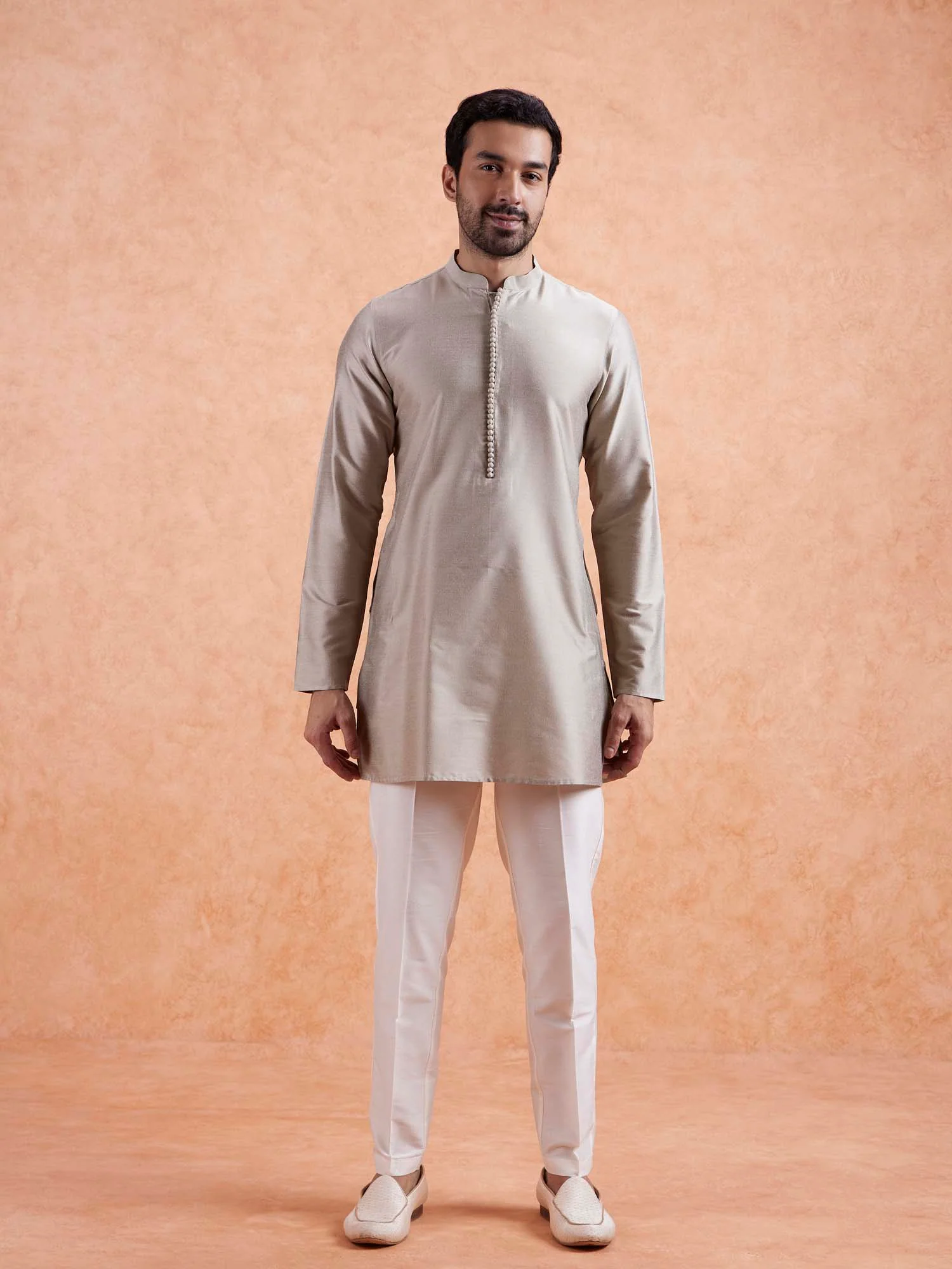 Beige Jacquard Kurta Jacket Set - Image 6