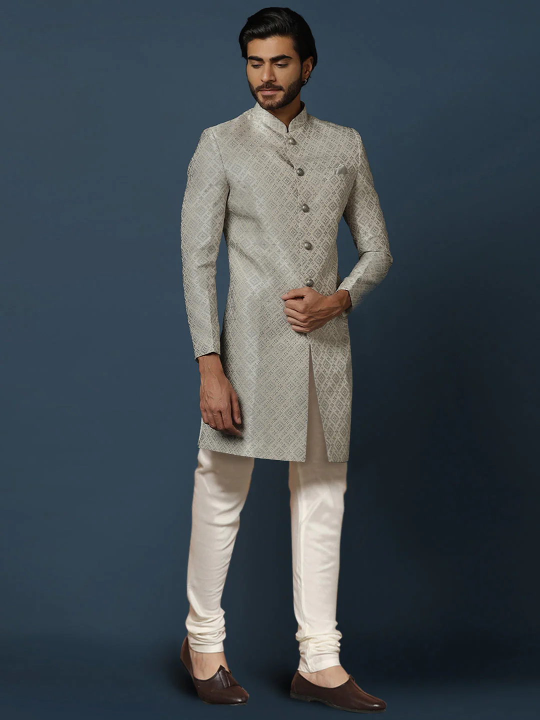 Grey Textured Sherwani Churidar Set
