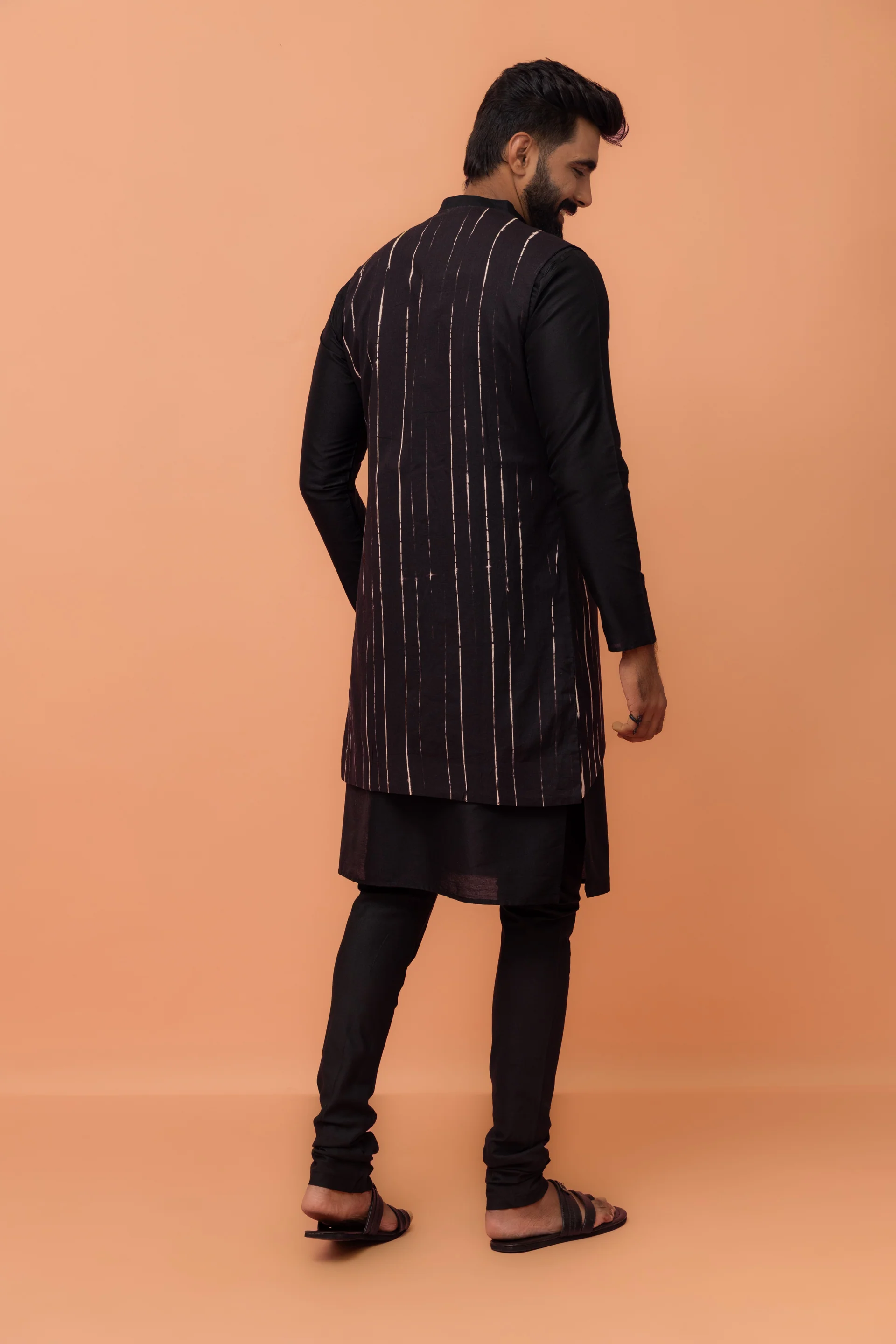 Black Striped Jacket Kurta Churidar Set - Image 4