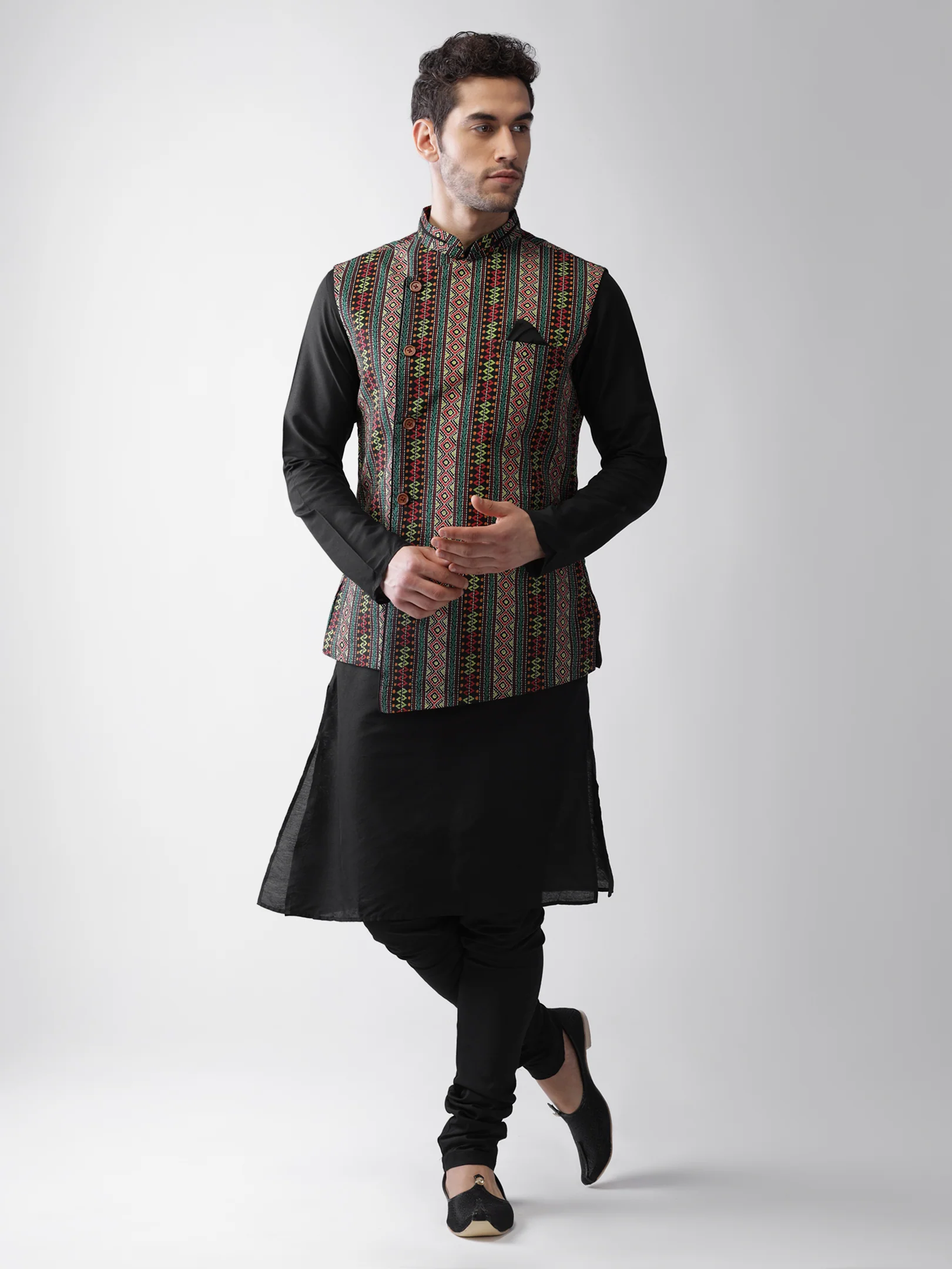 Men's Multi-Color Kurta Jacket Churidar Set