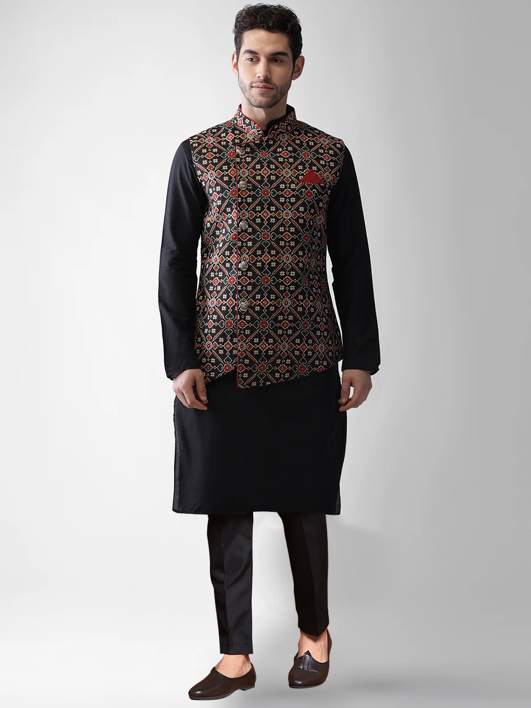 Kisah Men's Black Kurta Jacket Trousers Set