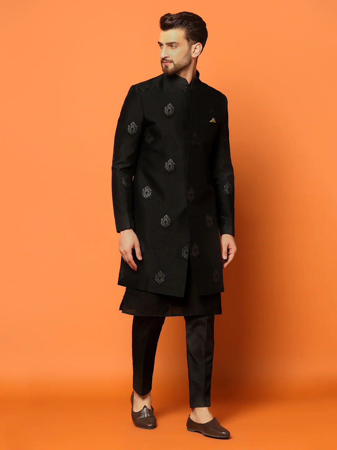 Men Black Embroidered Kurta Indowestern Churidar Set - Image 2
