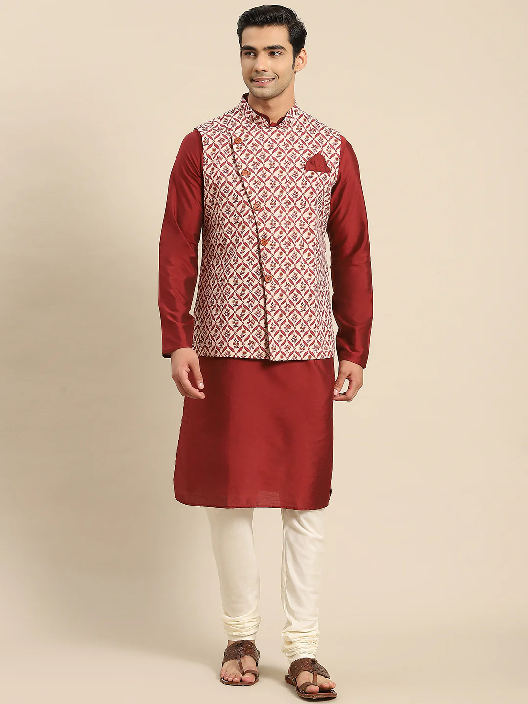 Men White Kurta Jacket Set