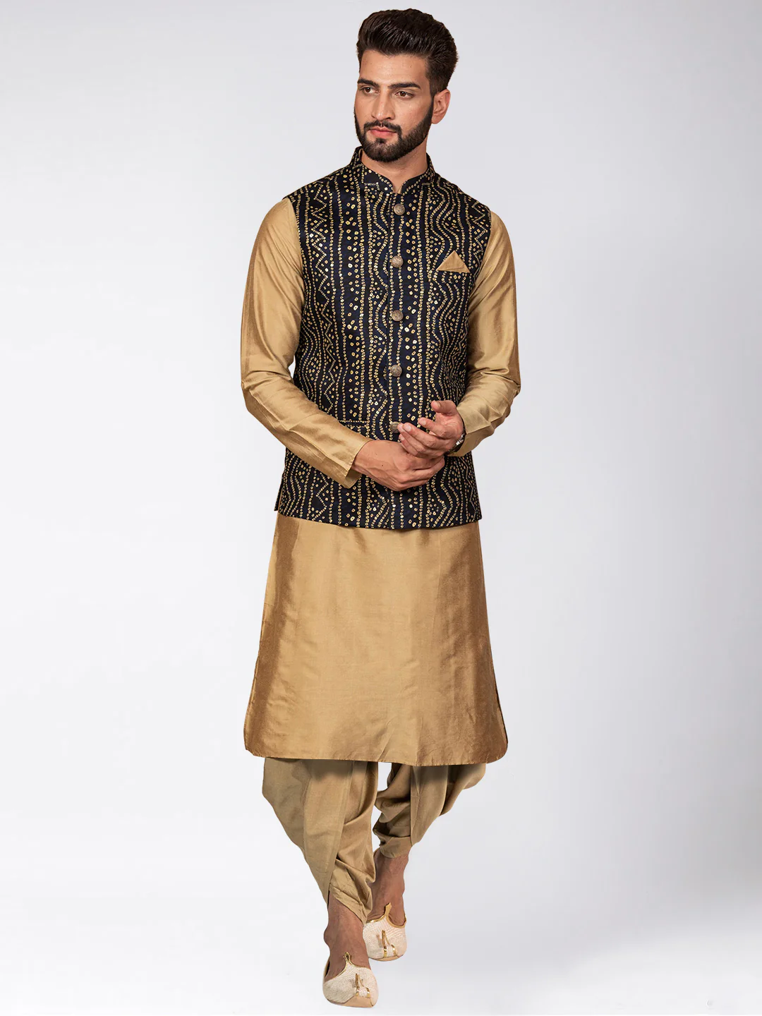 Kisah Men's Navy Blue Kurta Jacket Dhoti Set