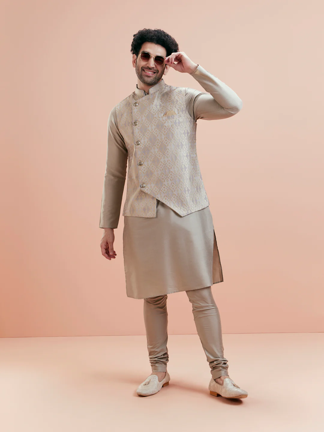 Grey Silk Blend Geometric Nehru Jacket Kurta Churidar Set
