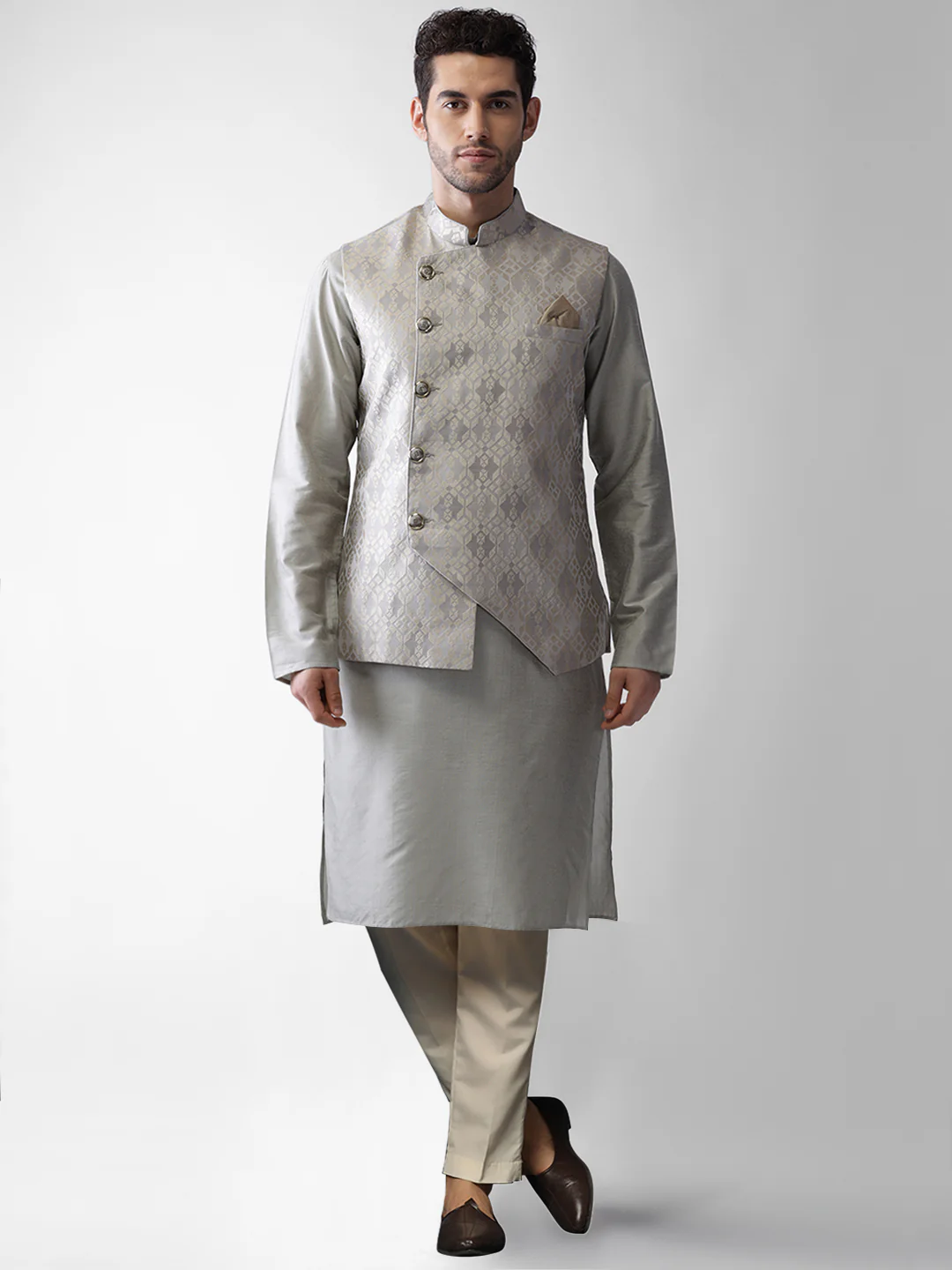 Kisah Men's Grey Kurta Jacket Trousers Set