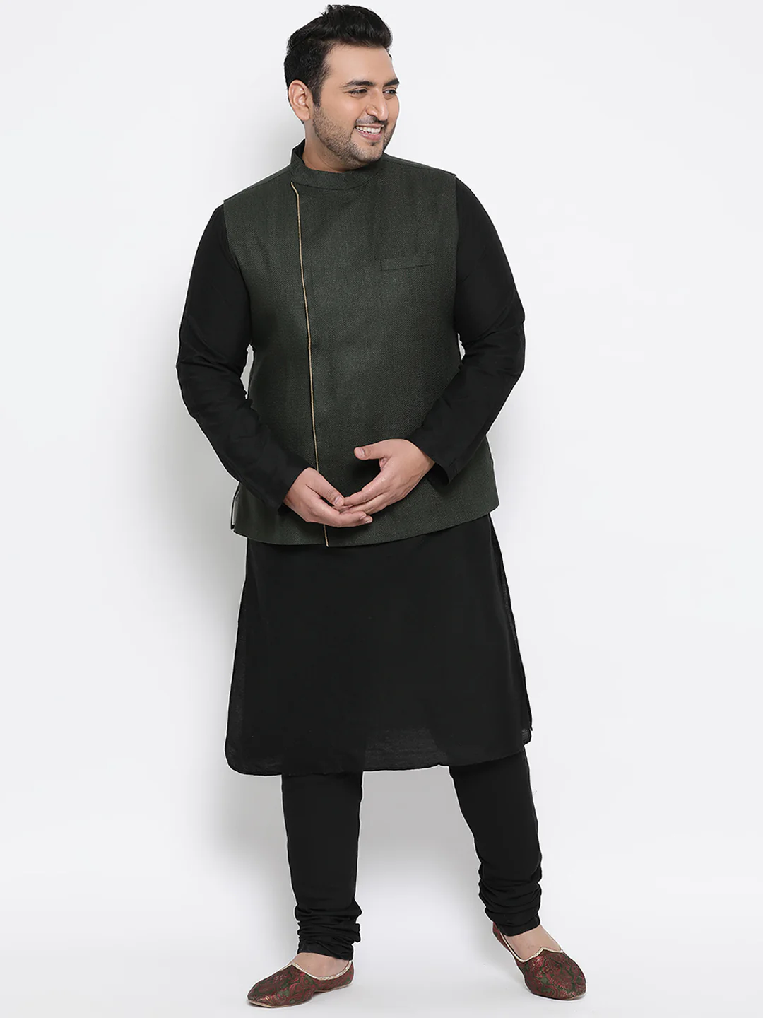 Men's Olive Kurta Churidar Jacket Set
