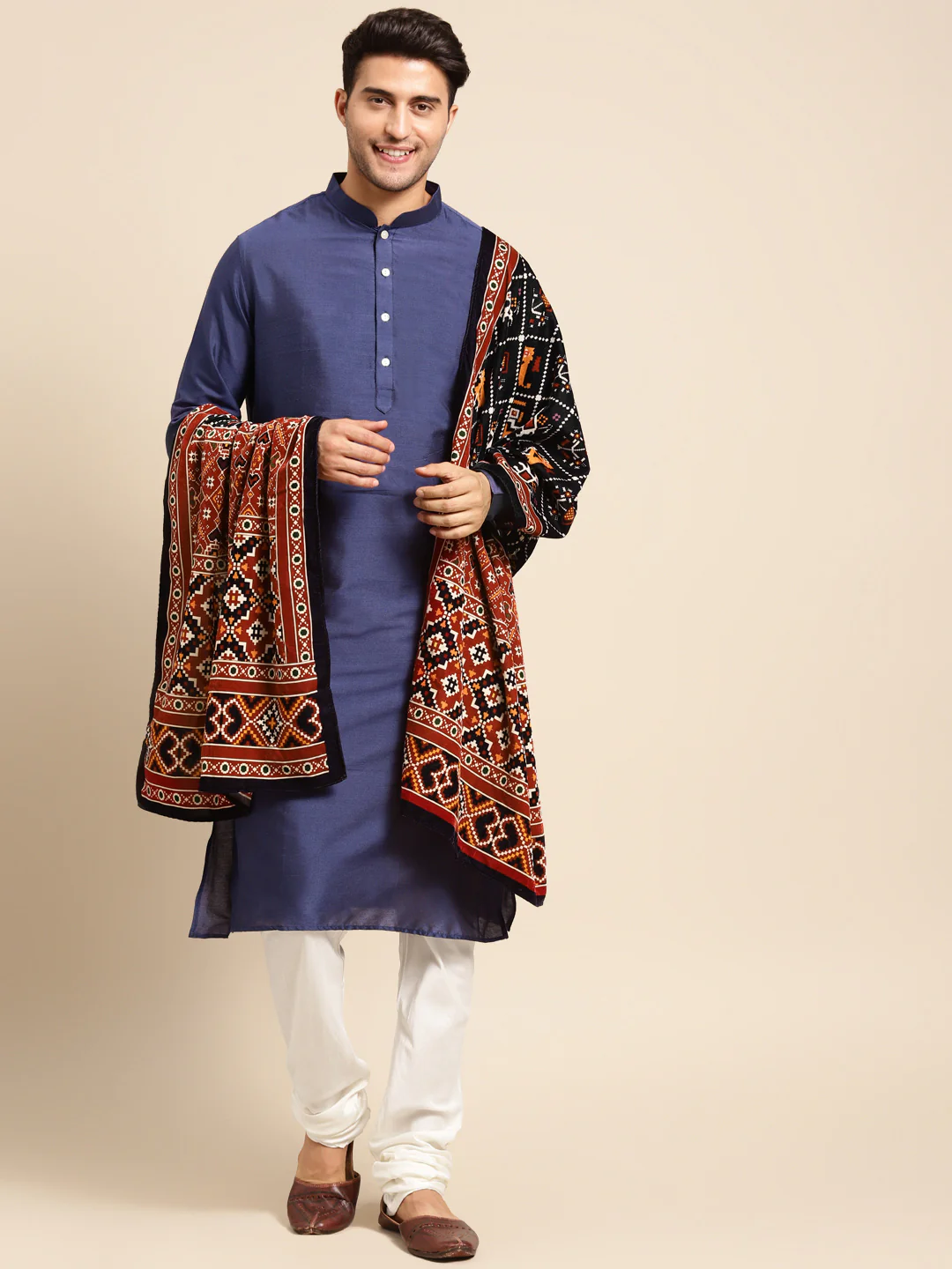 Men's Navy Blue Kurta Churidar With Dupatta Set