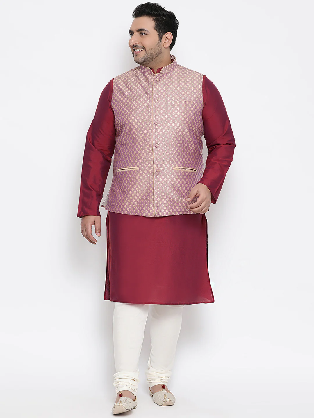 Men's Mauve Kurta Churidar Jacket Set