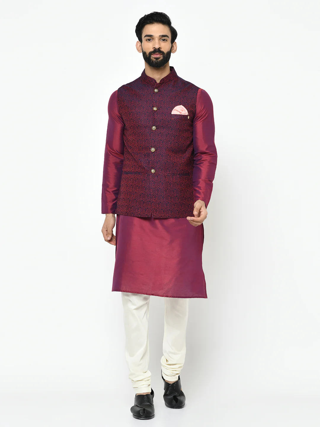 Men's Maroon Kurta Jacket Pyjama Set