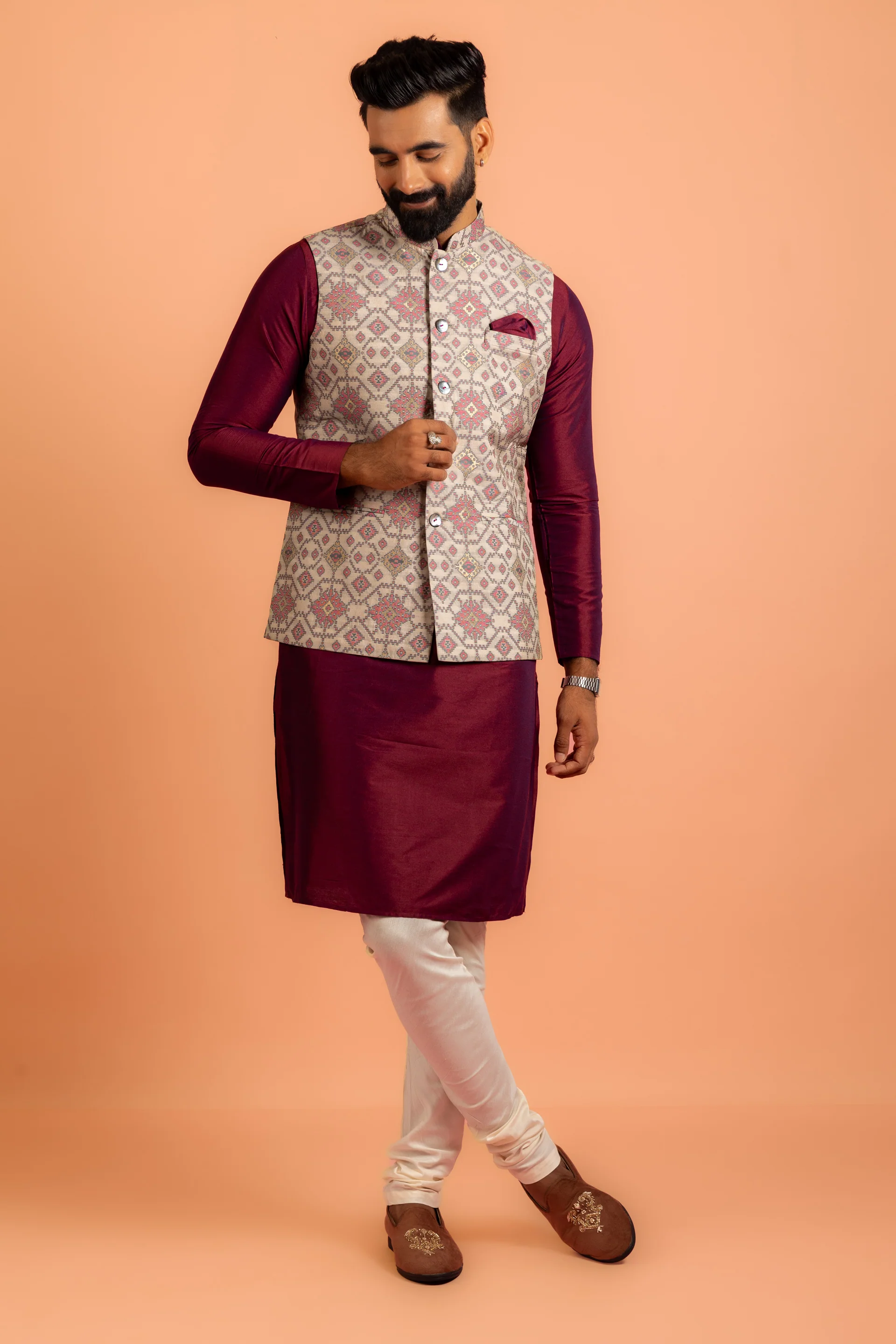 Men Grey Printed Kurta Jacket Churidar Set - Image 9