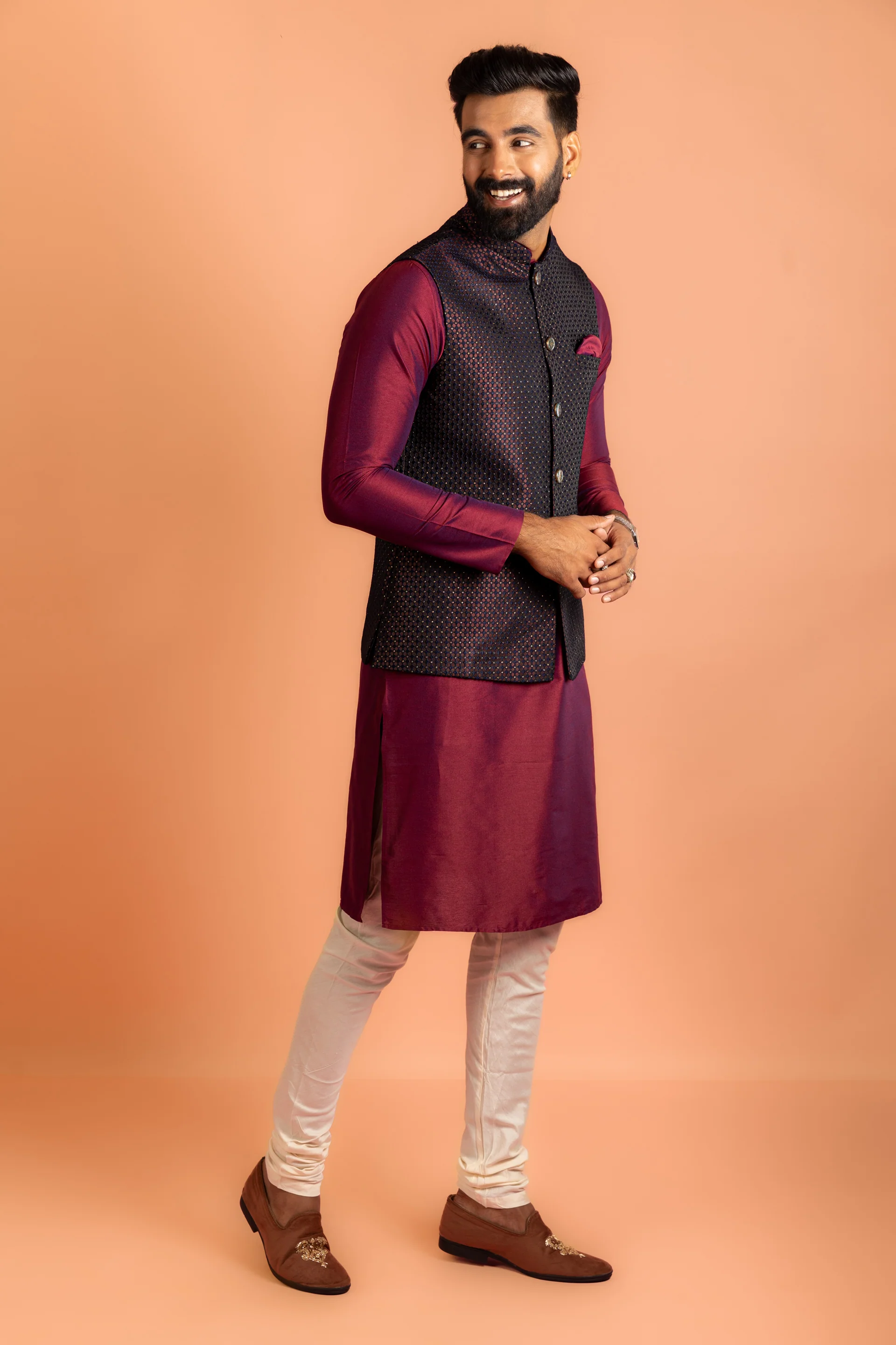 Maroon Silk Blend Jacket Kurta Churidar Set - Image 3