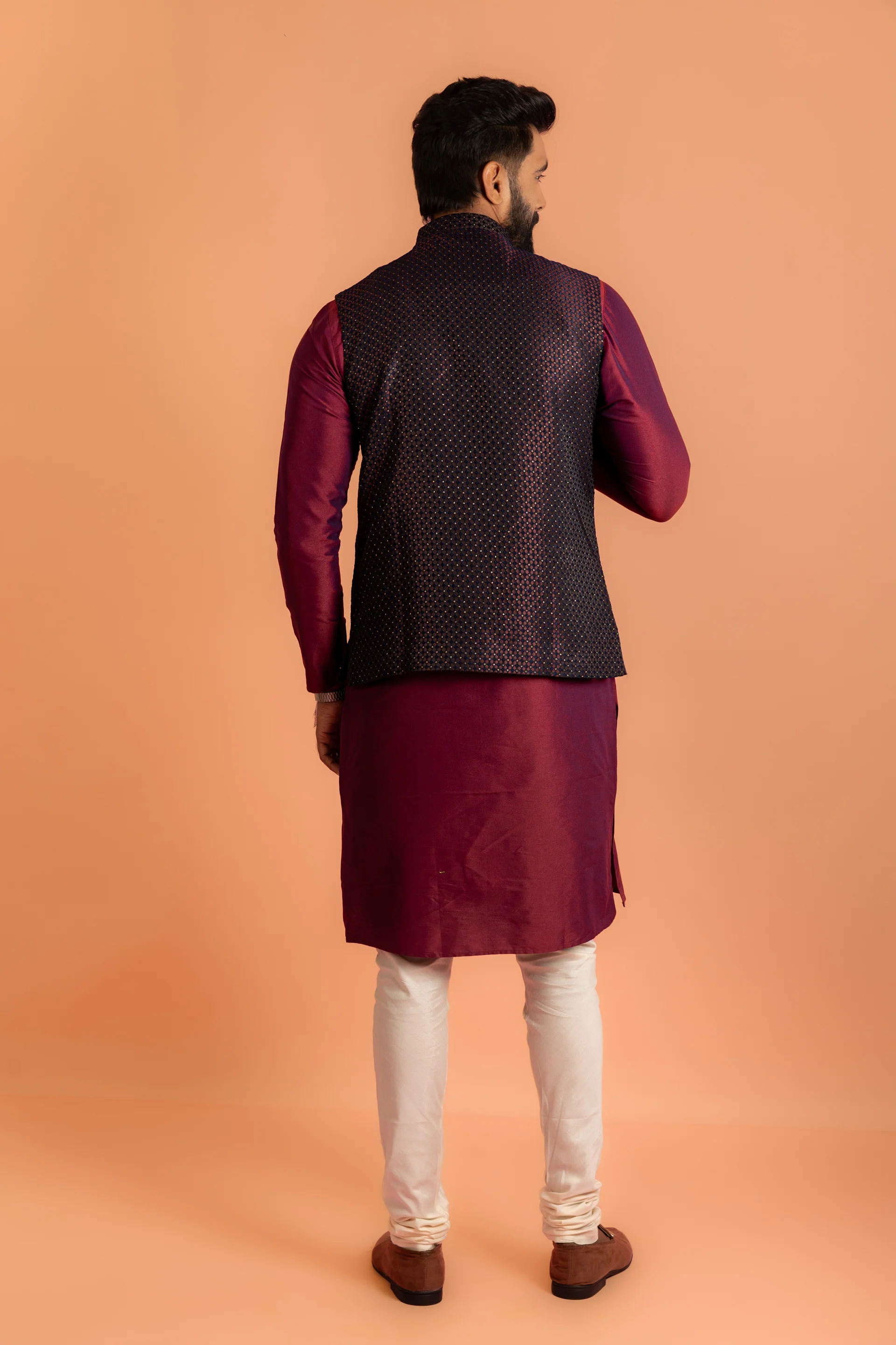 Maroon Silk Blend Jacket Kurta Churidar Set - Image 4