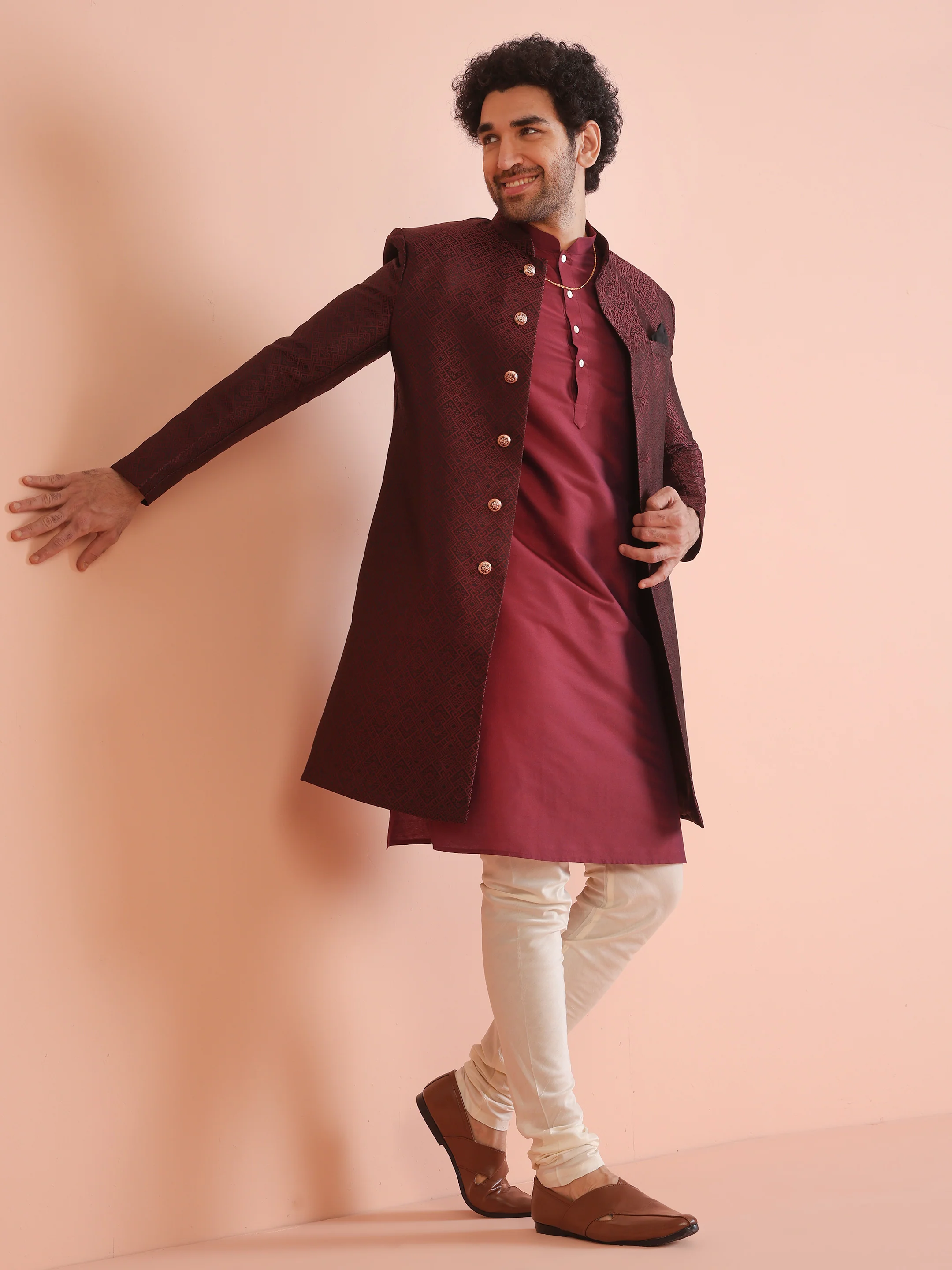 Maroon Silk Blend Indo-Western Sherwani Set with Jacquard Jacket and Cream Churidar – Wedding & Reception Ensemble