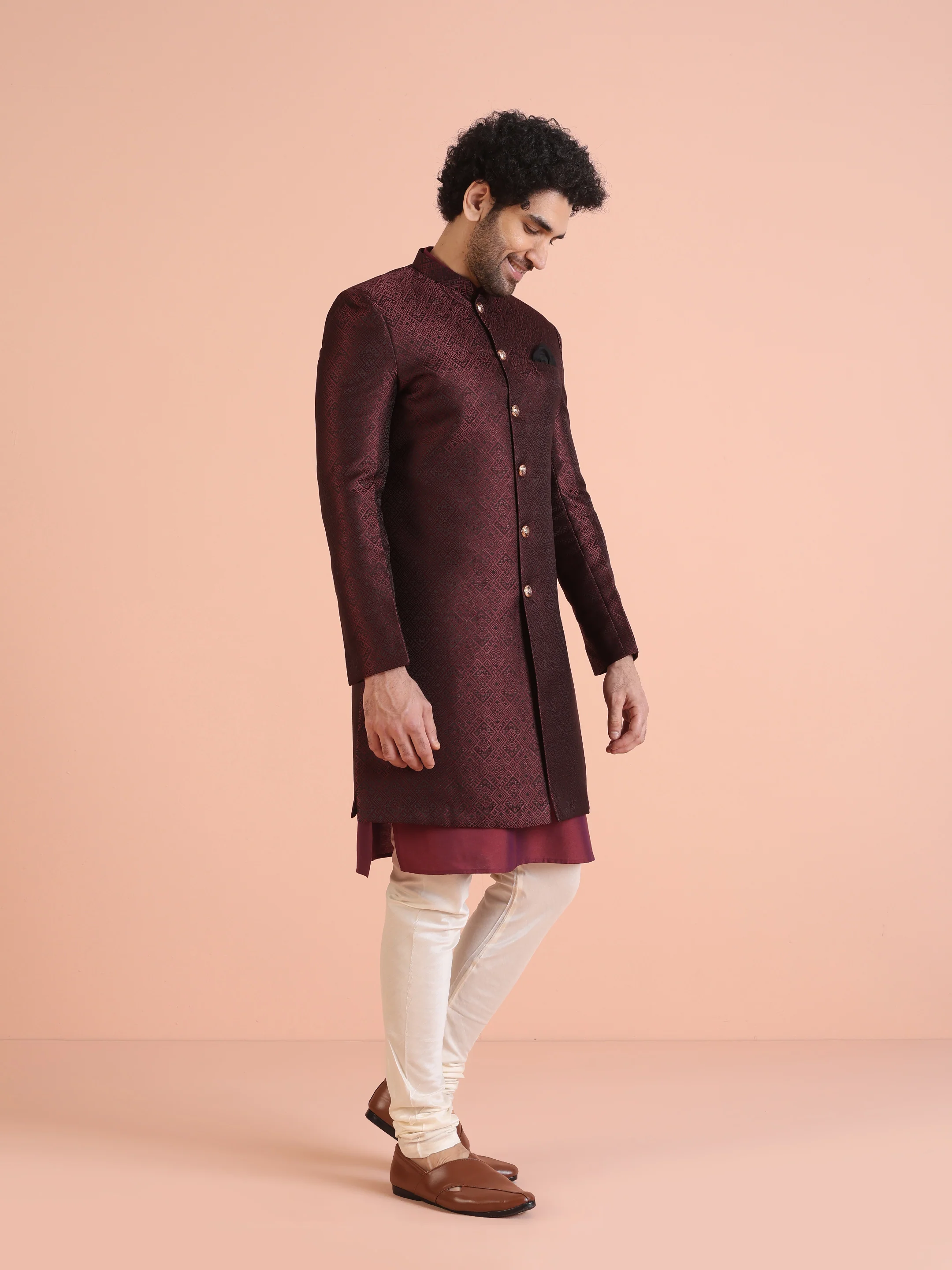 Maroon Silk Blend Indo-Western Sherwani Set with Jacquard Jacket and Cream Churidar – Wedding & Reception Ensemble - Image 2