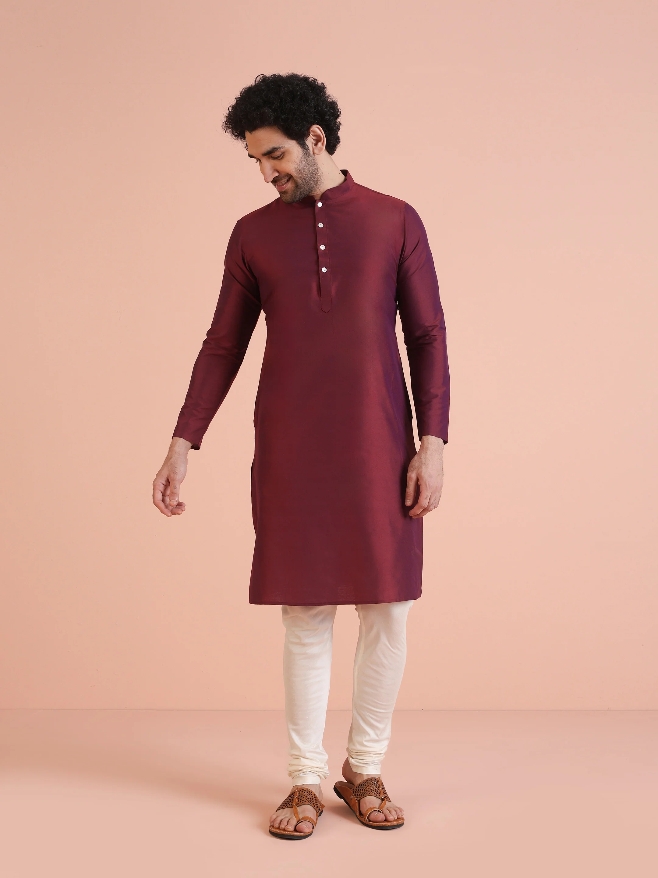 Maroon Silk Blend Indo-Western Sherwani Set with Jacquard Jacket and Cream Churidar – Wedding & Reception Ensemble - Image 5