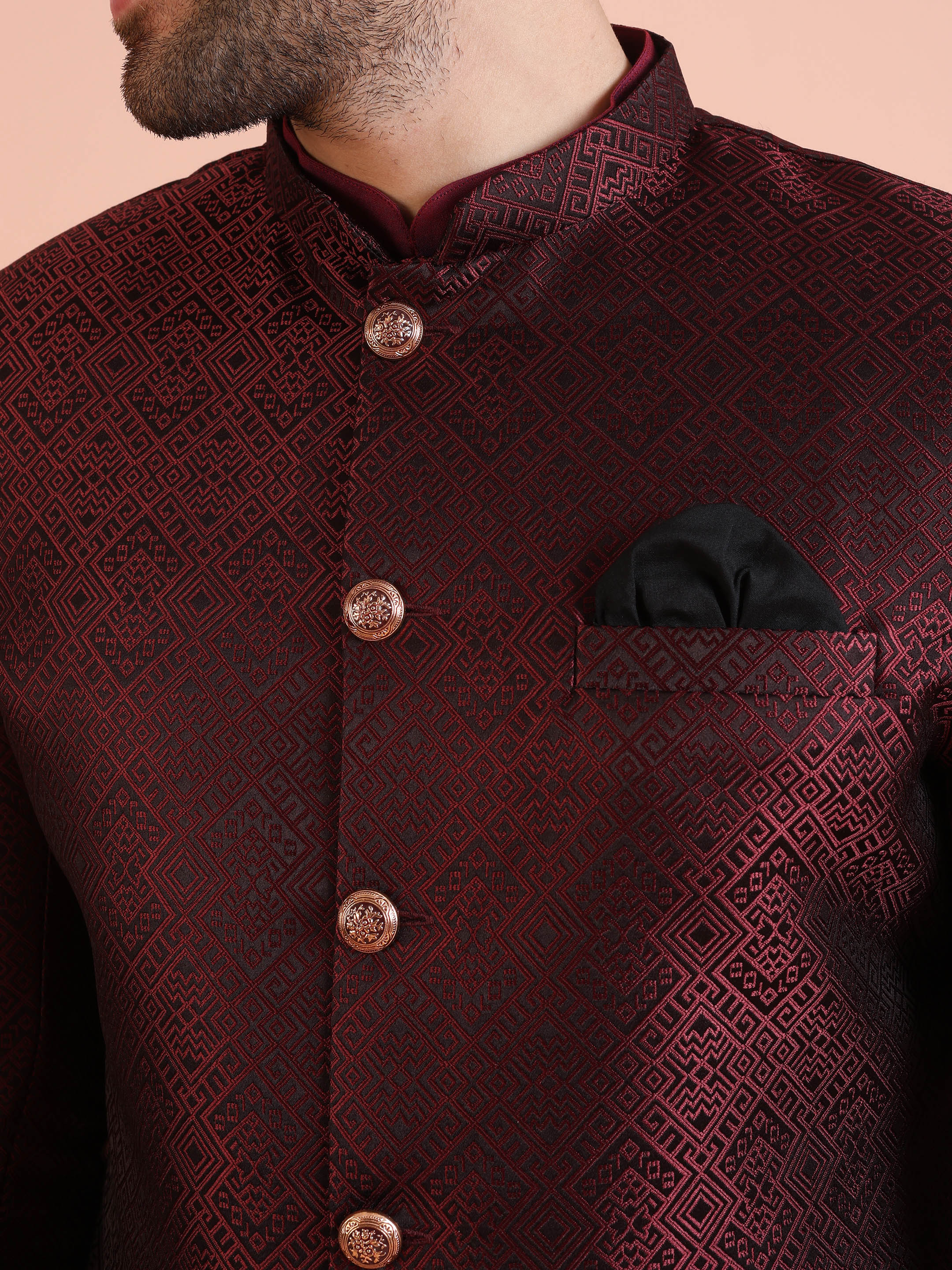 Maroon Silk Blend Indo-Western Sherwani Set with Jacquard Jacket and Cream Churidar – Wedding & Reception Ensemble - Image 6