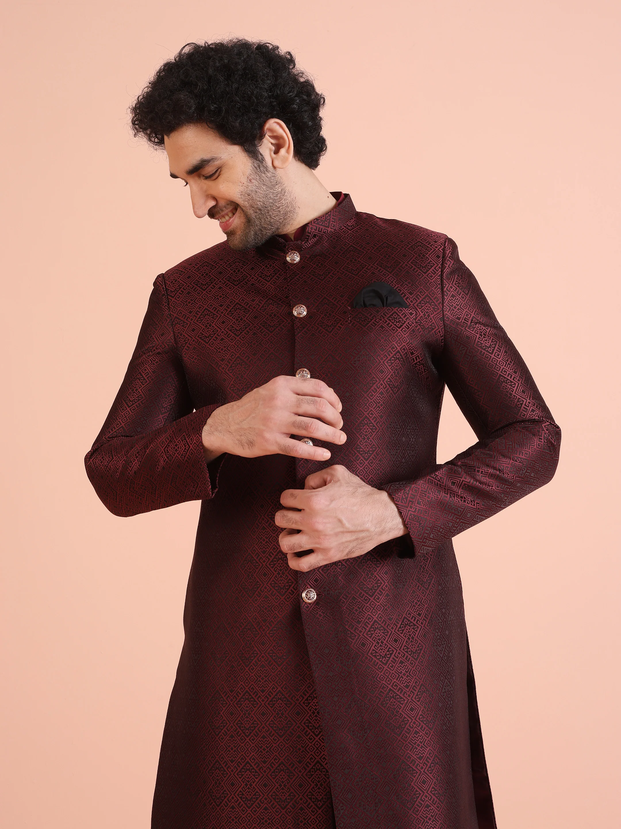Maroon Silk Blend Indo-Western Sherwani Set with Jacquard Jacket and Cream Churidar – Wedding & Reception Ensemble - Image 8