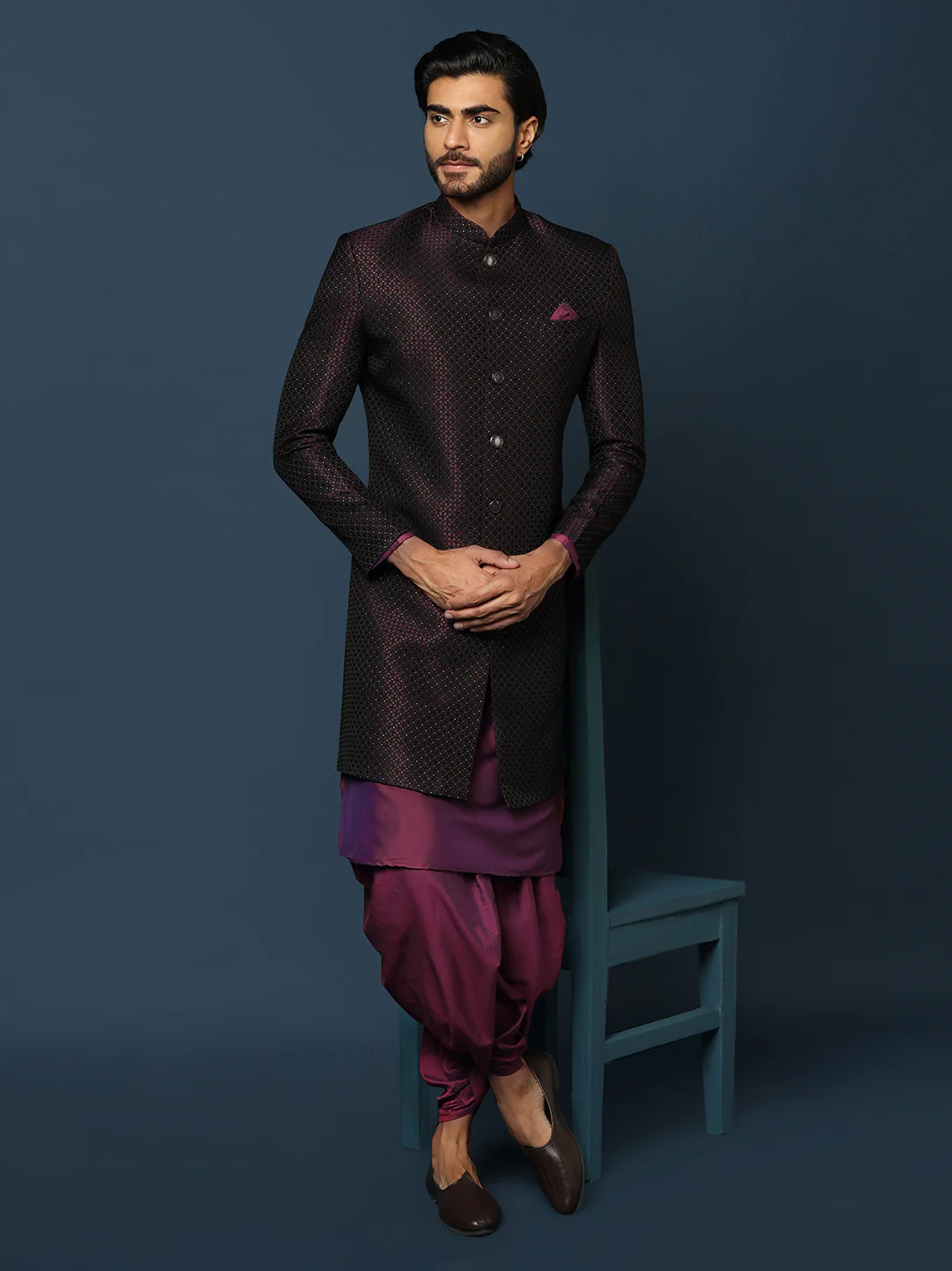Black Jacquard Indo-Western Sherwani Set with Maroon Silk Blend Kurta and Dhoti Pants – Wedding & Reception Ensemble