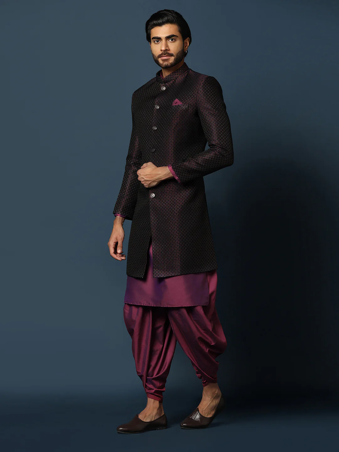 Black Jacquard Indo-Western Sherwani Set with Maroon Silk Blend Kurta and Dhoti Pants – Wedding & Reception Ensemble - Image 2