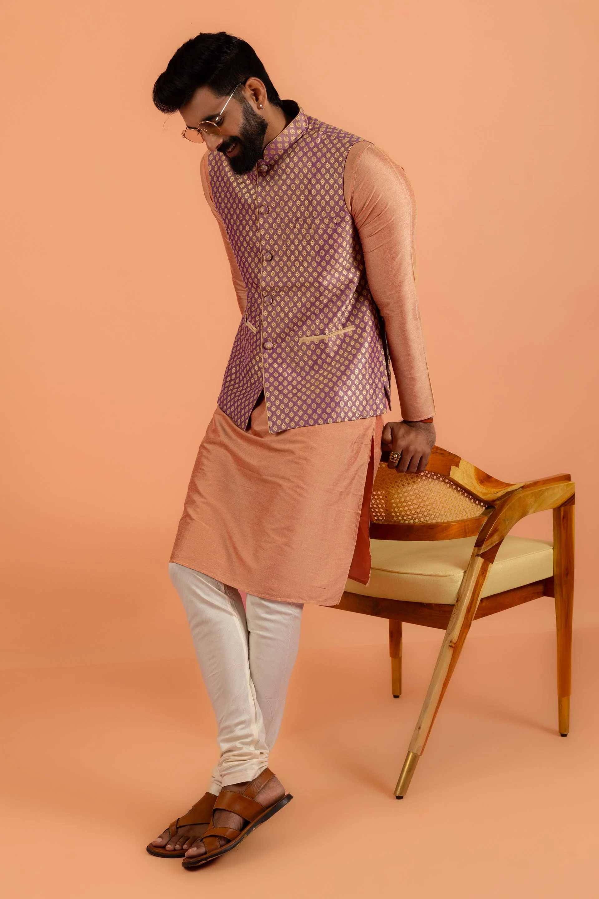 Men Mauve Textured Kurta Jacket Churidar Set - Image 19
