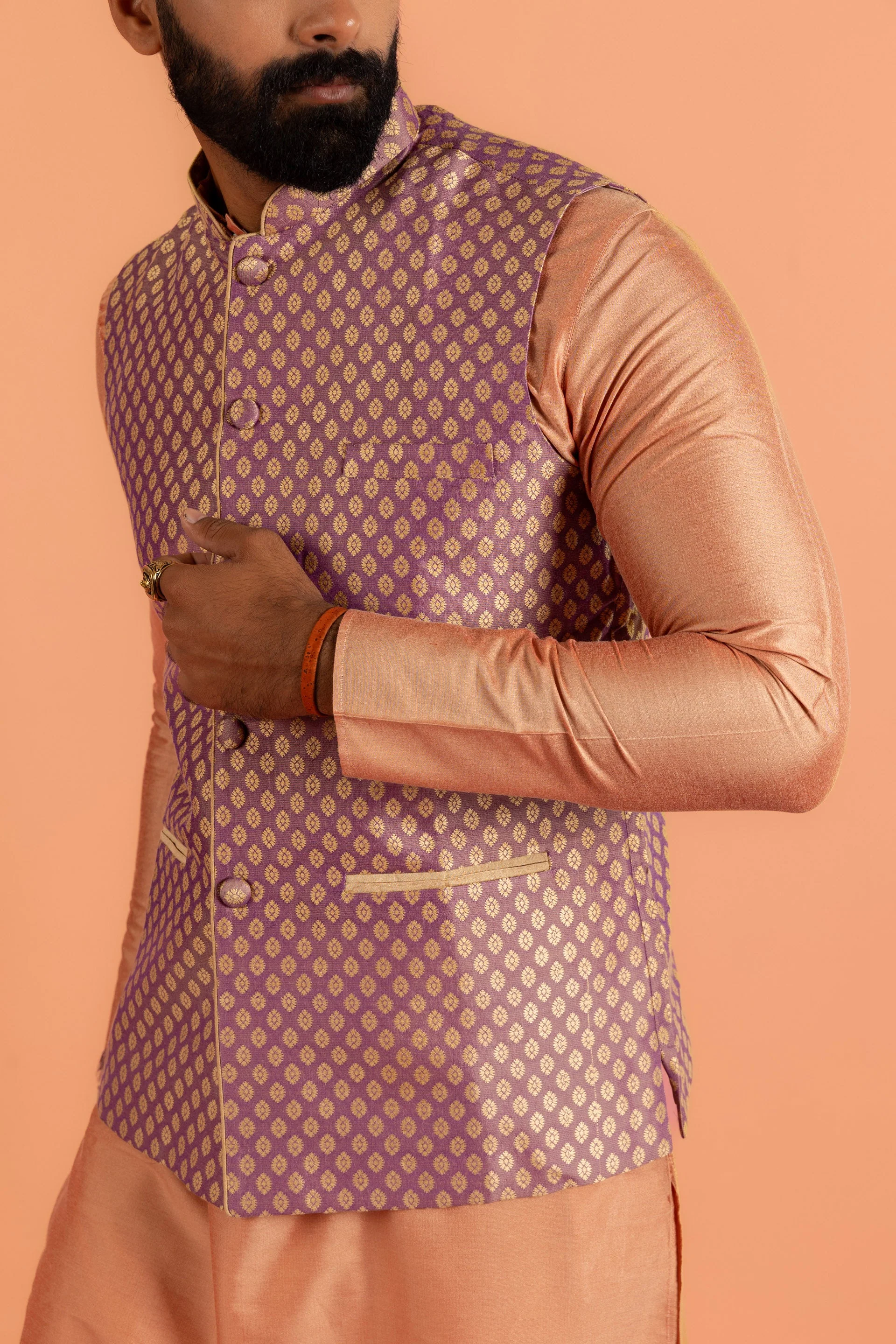 Men Mauve Textured Kurta Jacket Churidar Set - Image 23