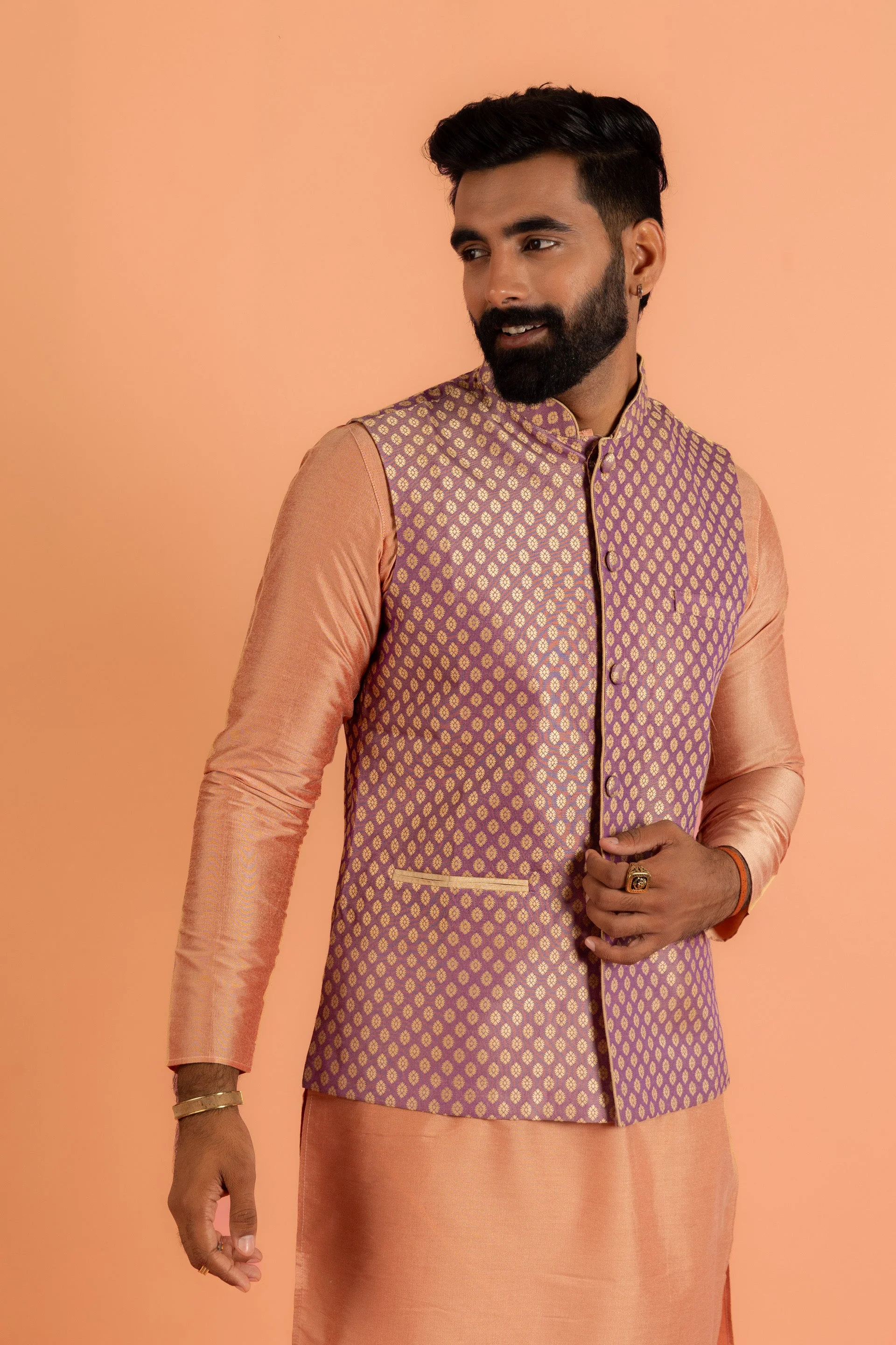 Men Mauve Textured Kurta Jacket Churidar Set - Image 26