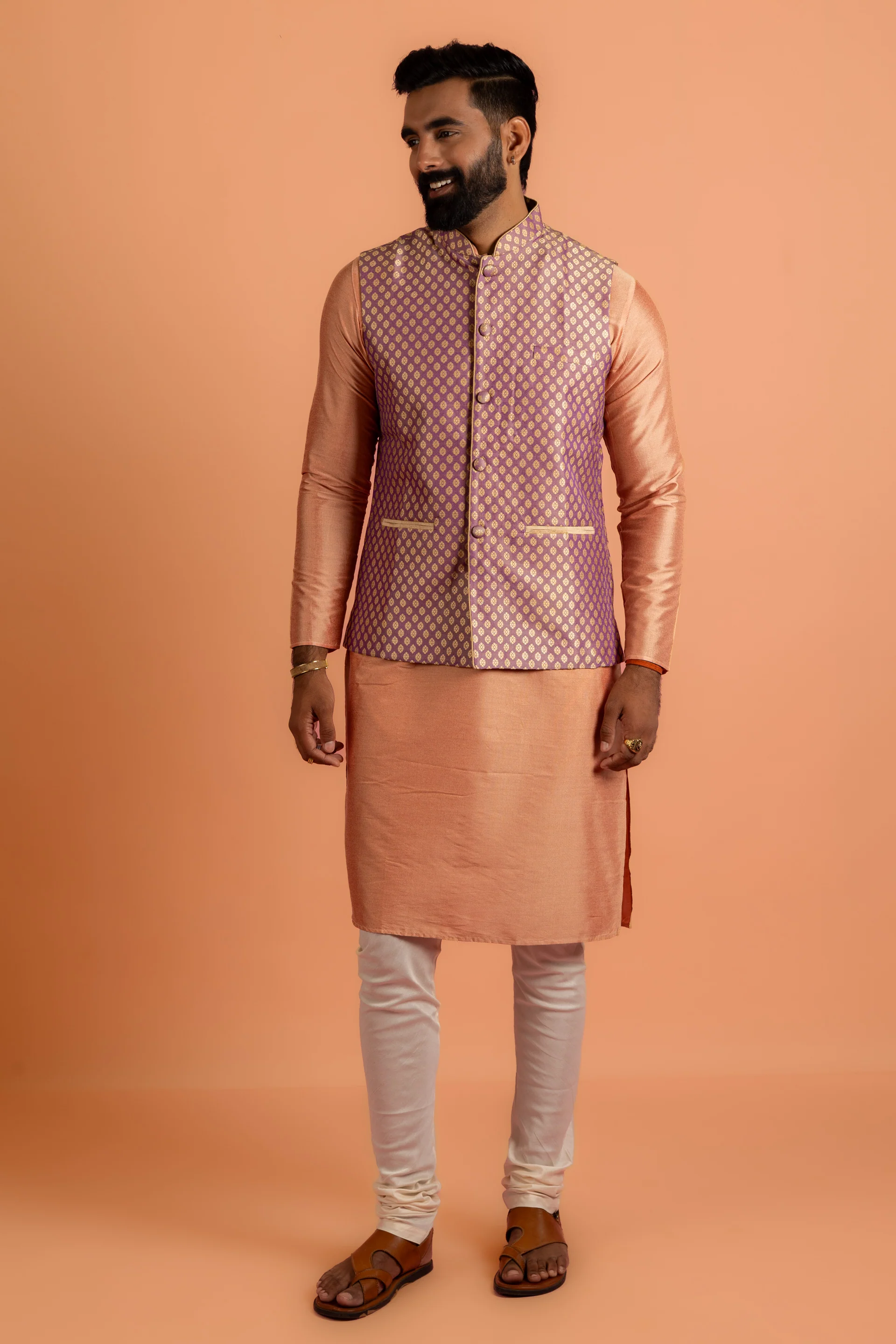 Men Mauve Textured Kurta Jacket Churidar Set - Image 9