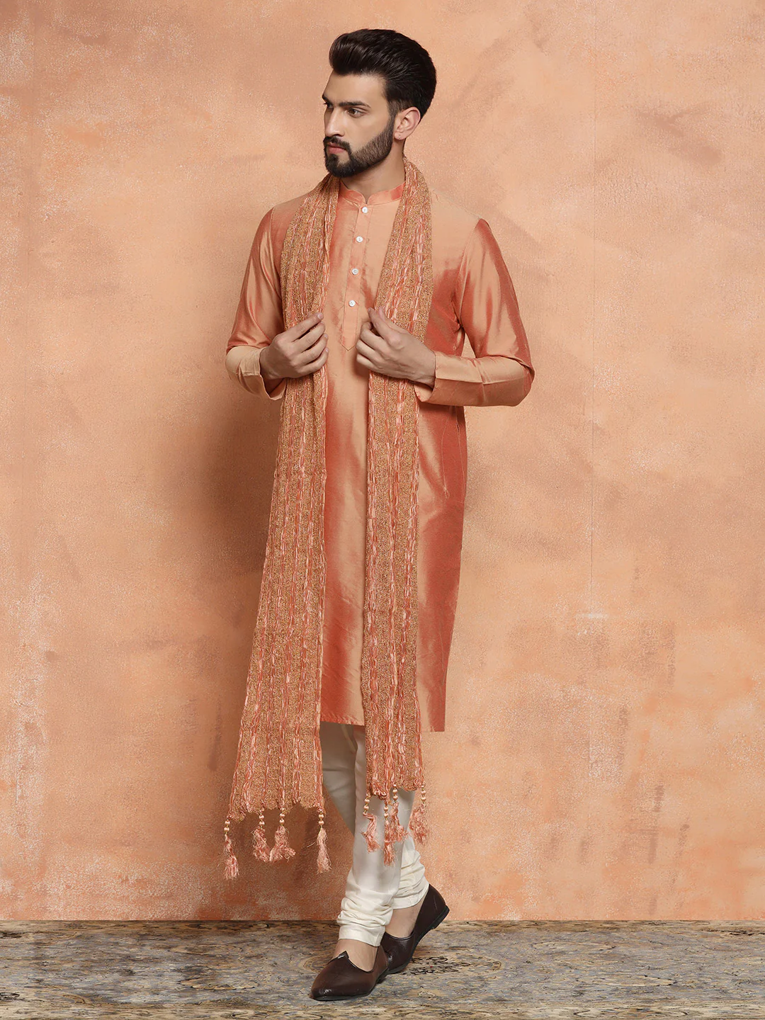 Peach Silk Blend Kurta Churidar with Embellished Dupatta - Image 2