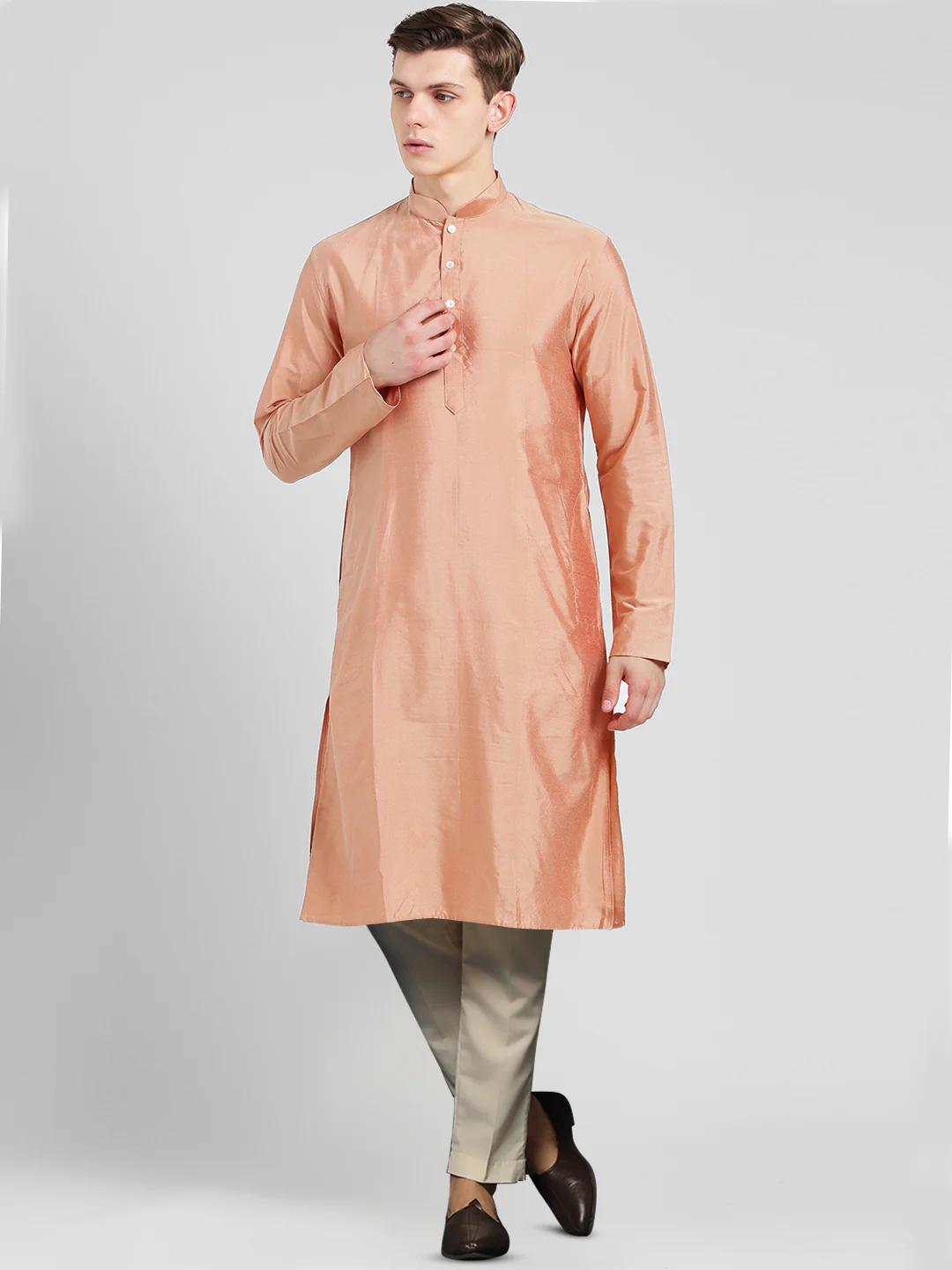 Peach Silk Blend Kurta Set with Subtle Sheen and Beige Trousers – Festive & Wedding Ensemble