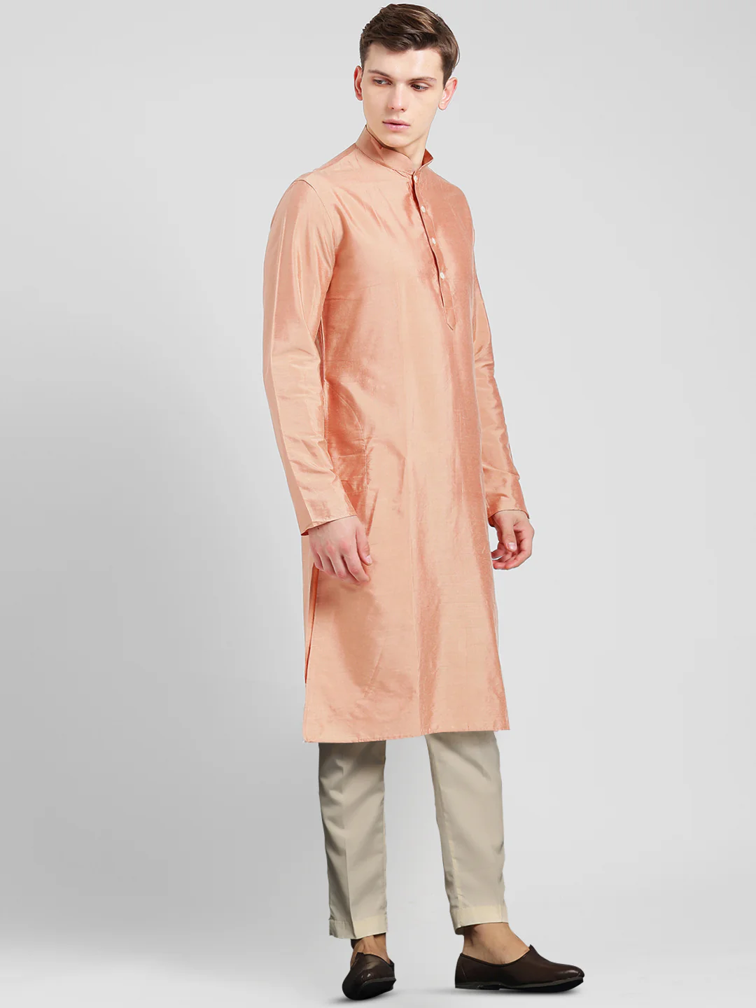 Peach Silk Blend Kurta Set with Subtle Sheen and Beige Trousers – Festive & Wedding Ensemble - Image 2