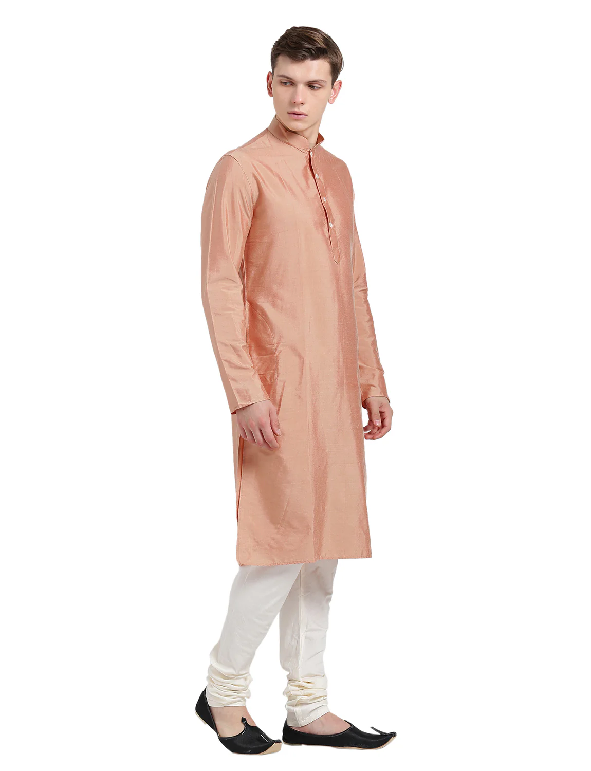 Peach Silk Blend Long Kurta - Solid Festive Wear with Mandarin Collar for Weddings & Celebrations - Image 3