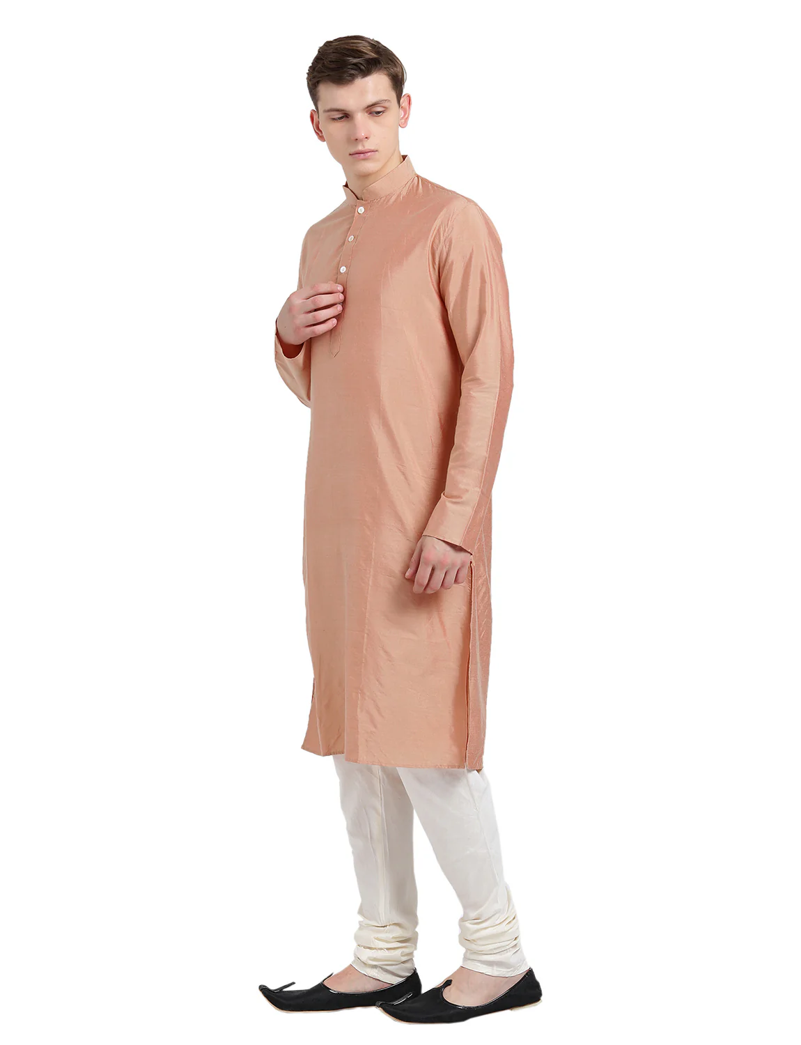 Peach Silk Blend Long Kurta - Solid Festive Wear with Mandarin Collar for Weddings & Celebrations - Image 4