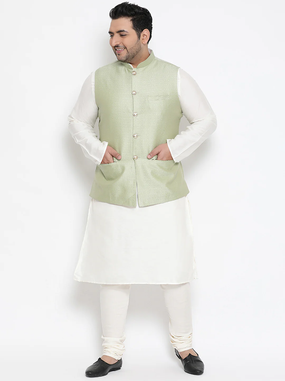 Men's Green Kurta Churidar Jacket Set