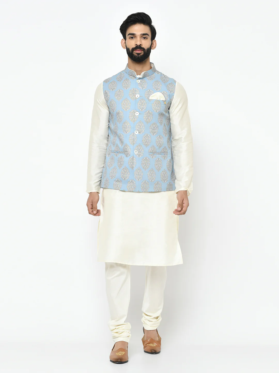 Kisah Plus Men's Blue Kurta Jacket Churidar Set