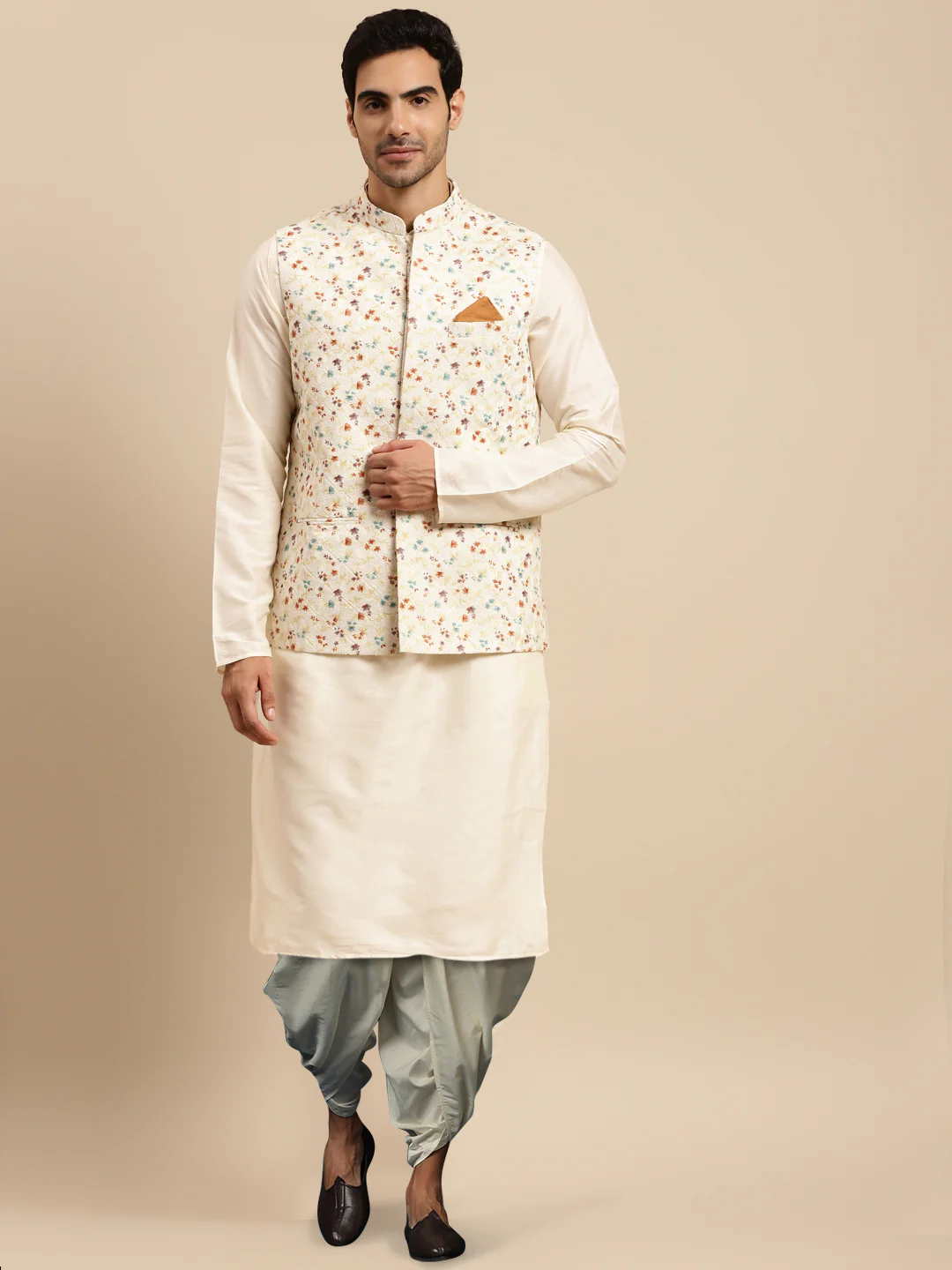 Men's White Kurta Jacket Dhoti Set