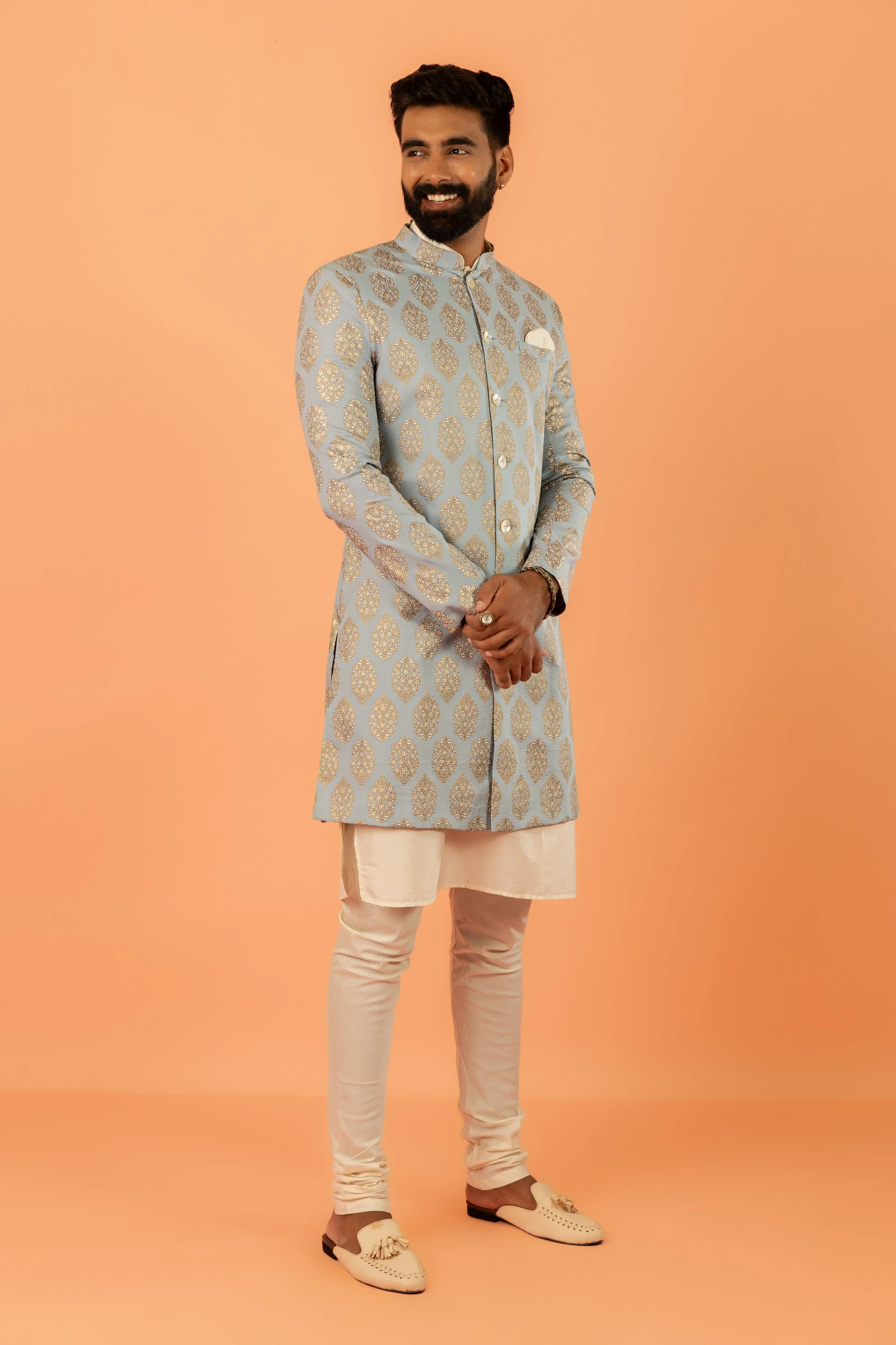 Light Blue Silk Blend Jacquard Sherwani Set - Image 18