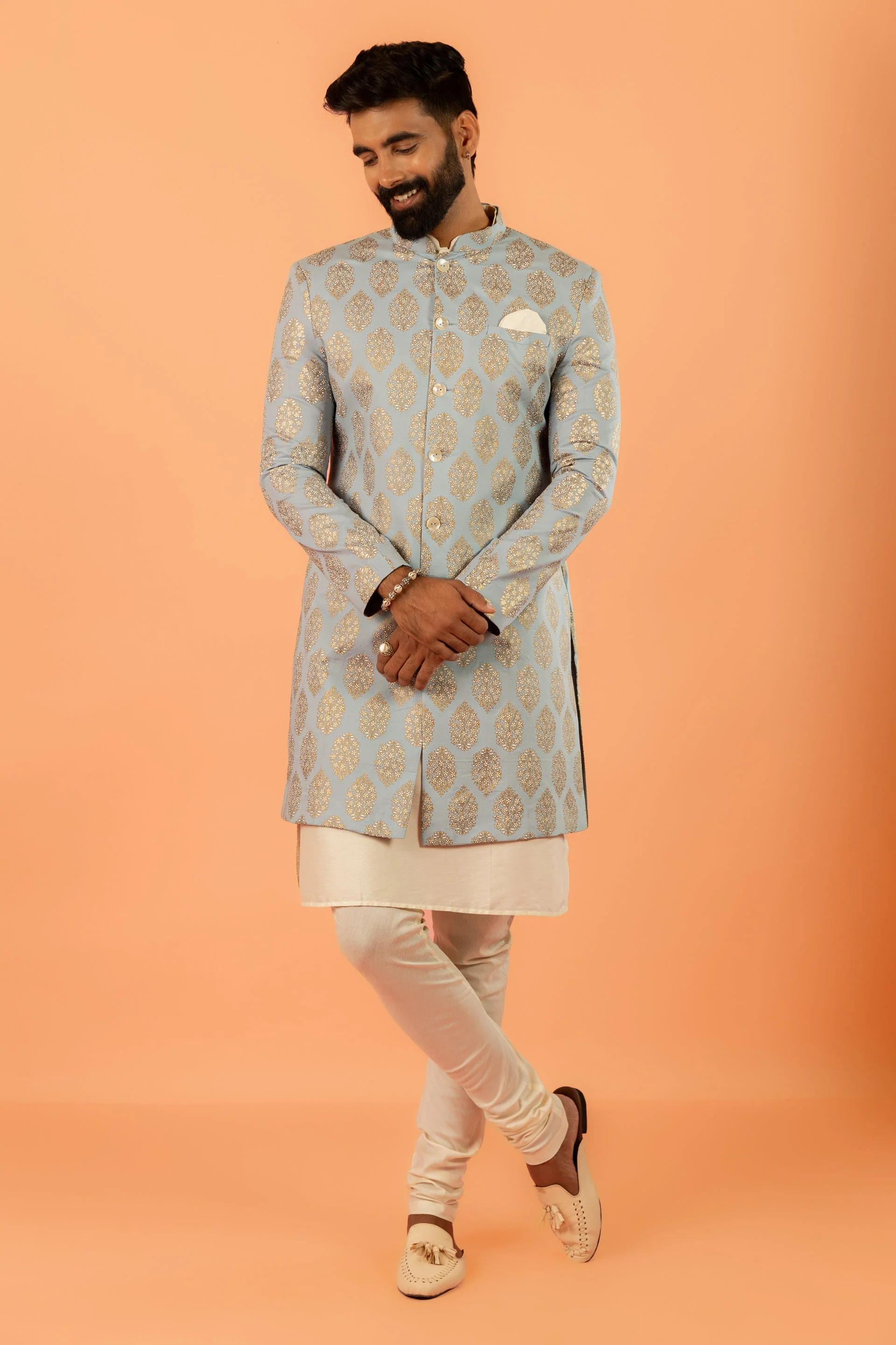 Light Blue Silk Blend Jacquard Sherwani Set - Image 23