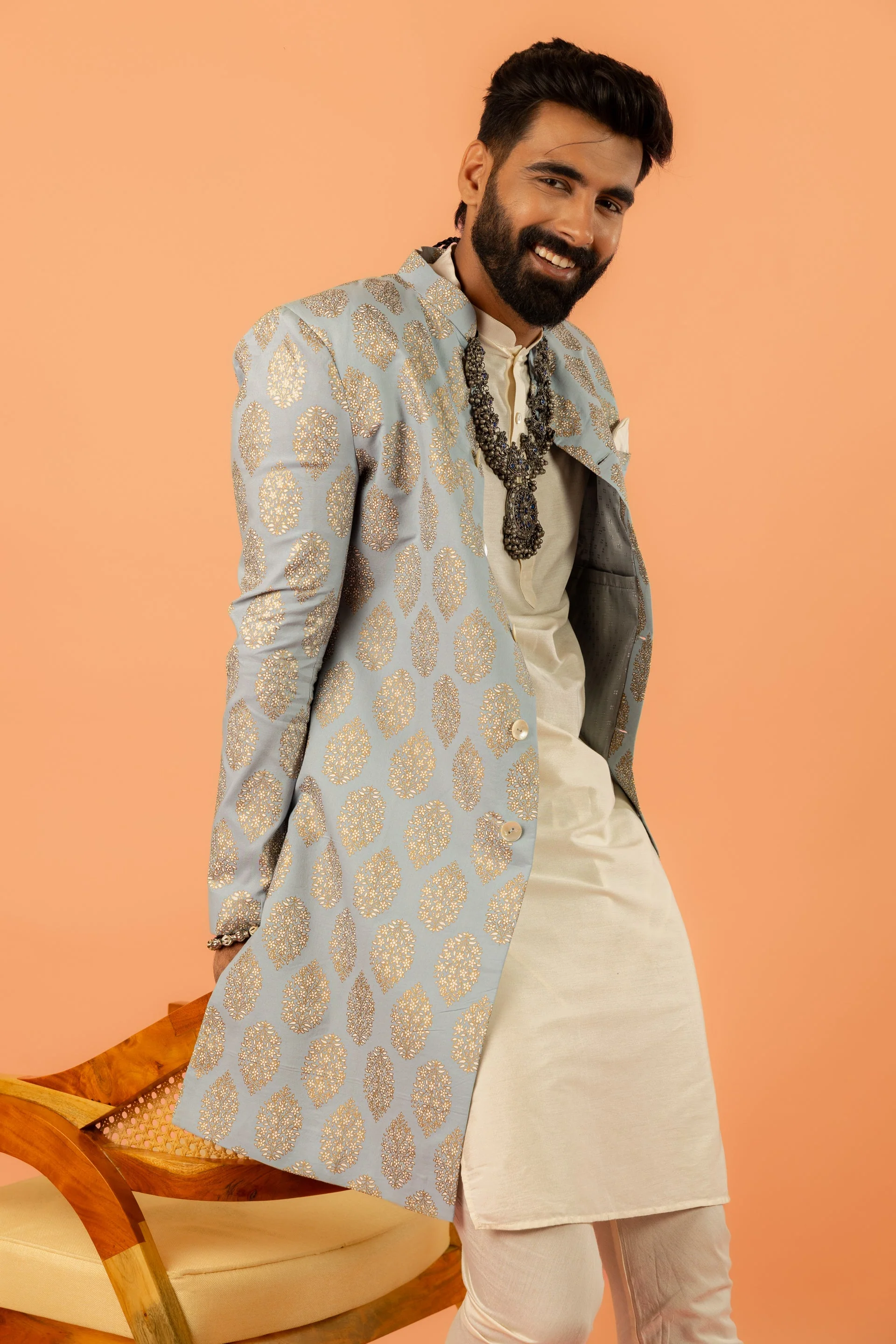 Light Blue Silk Blend Jacquard Sherwani Set - Image 24