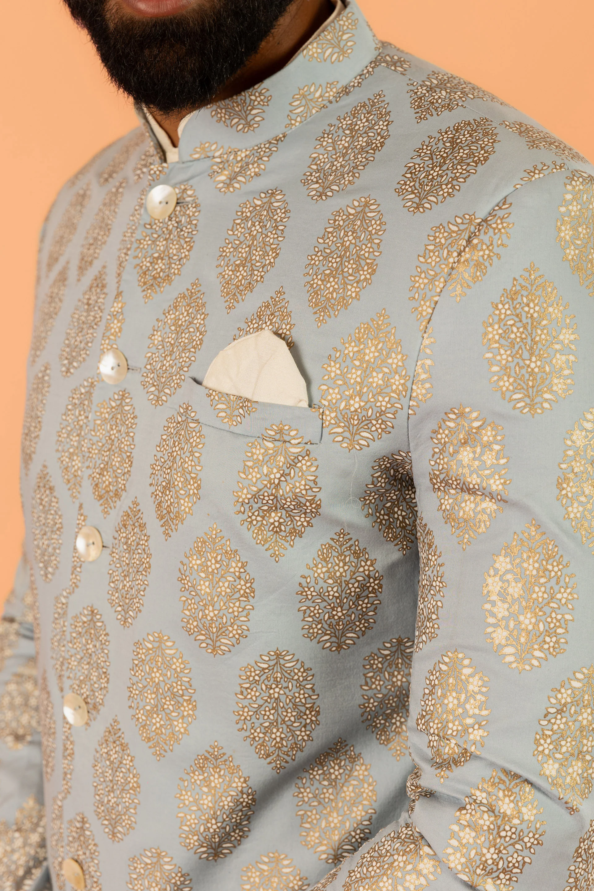 Light Blue Silk Blend Jacquard Sherwani Set - Image 4