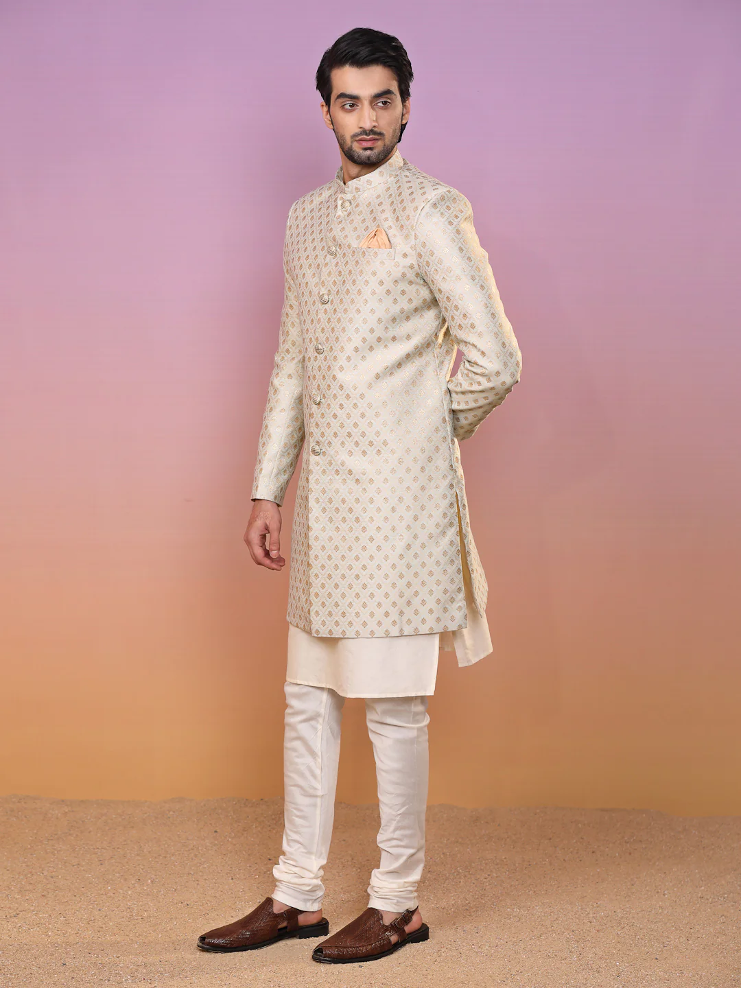 Men Mint Green Textured Kurta Indowestern Churidar Set - Image 3