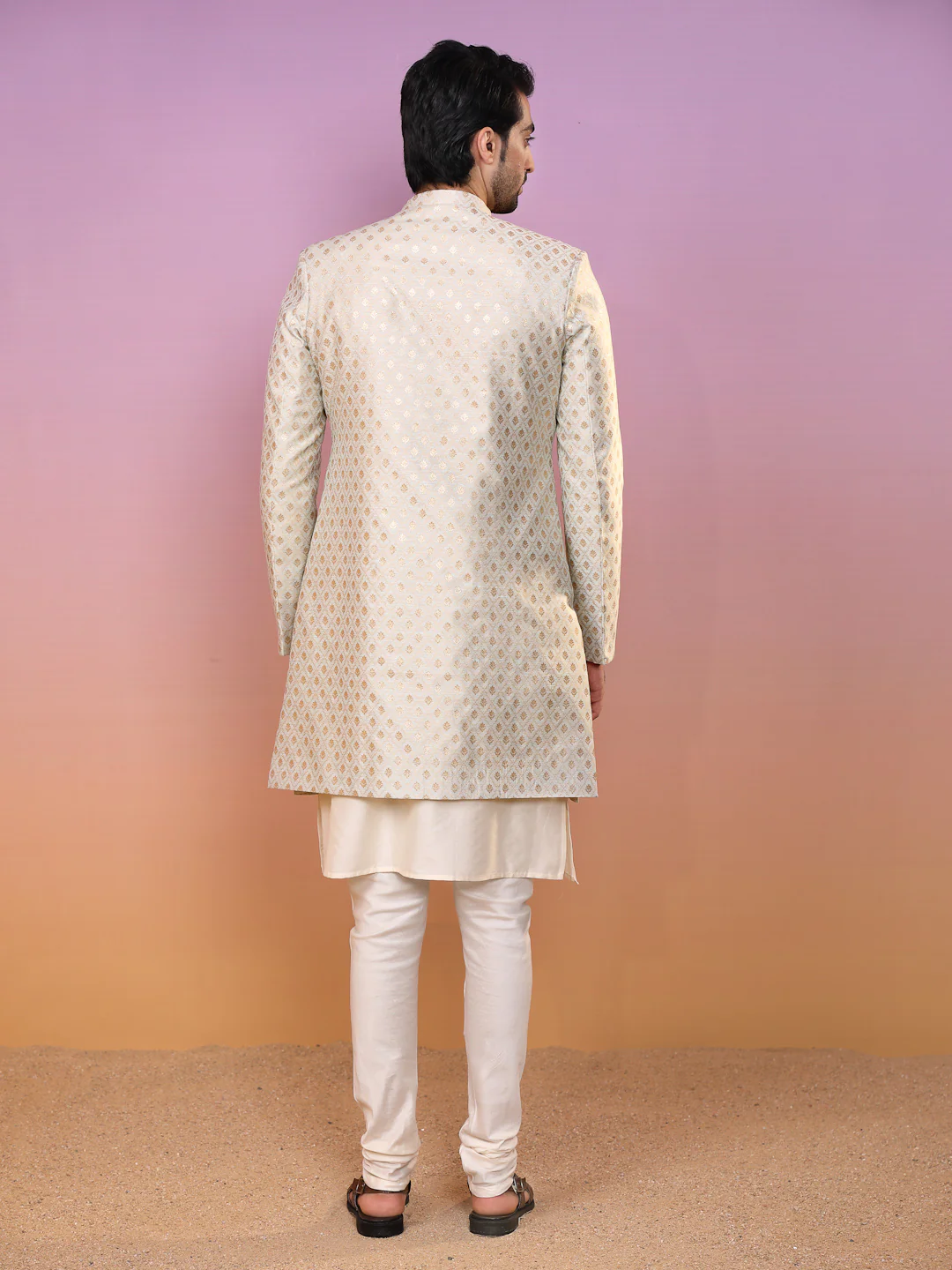 Men Mint Green Textured Kurta Indowestern Churidar Set - Image 4