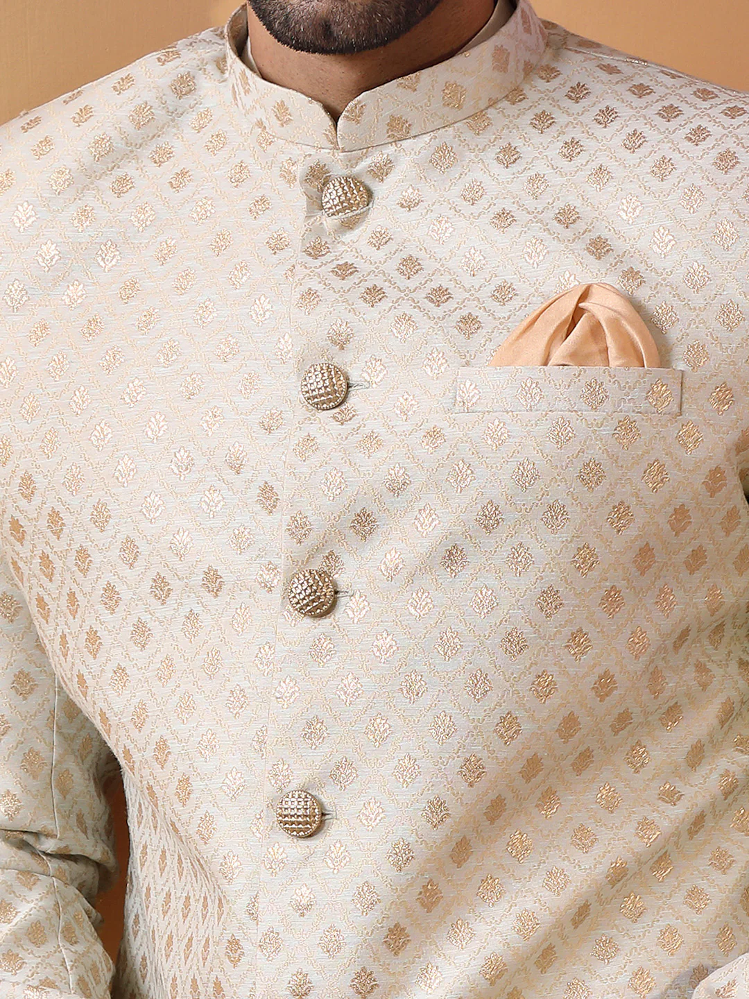 Men Mint Green Textured Kurta Indowestern Churidar Set - Image 6