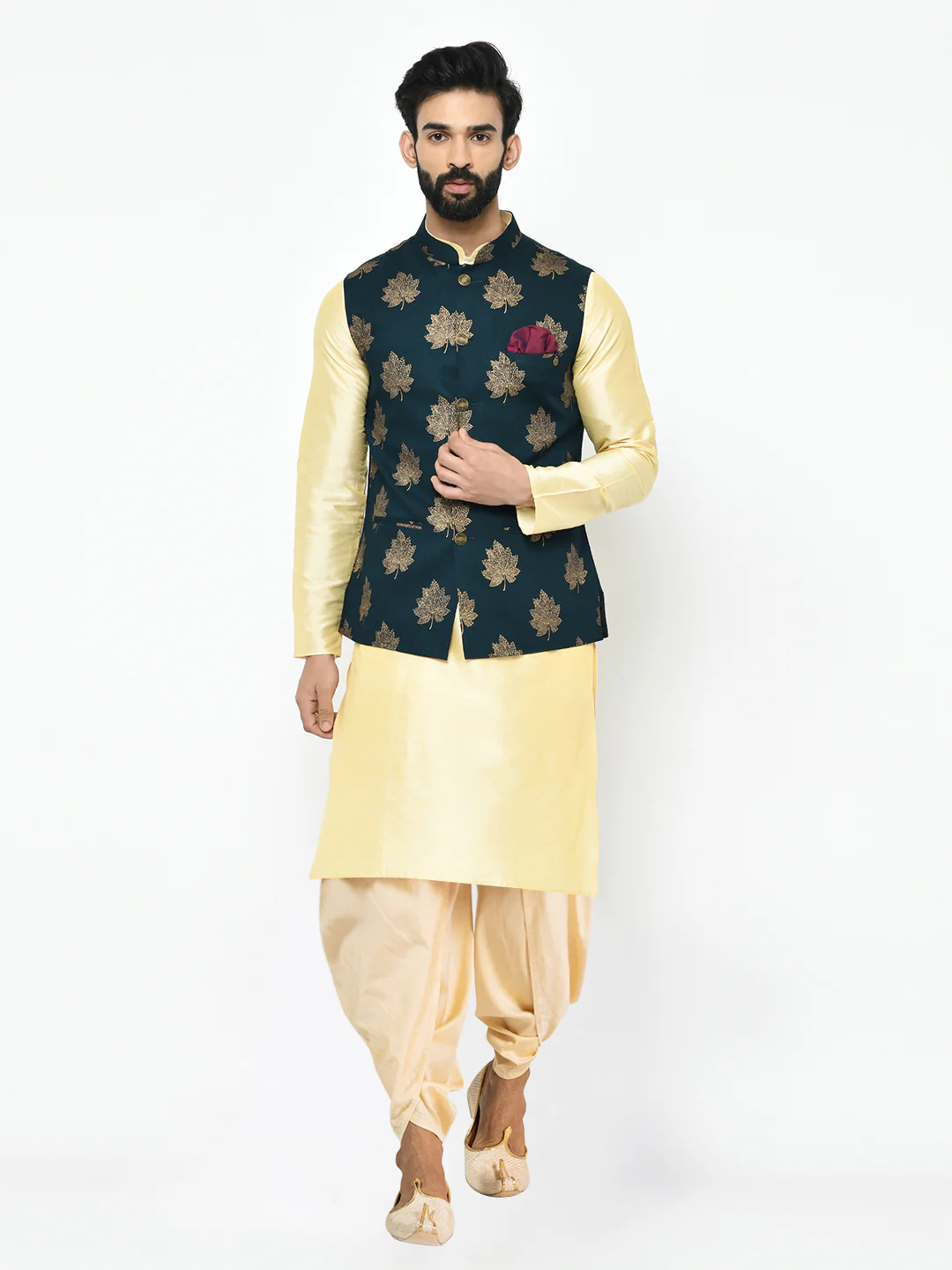 Kisah Men's Navy Blue Kurta Jacket Dhoti Set