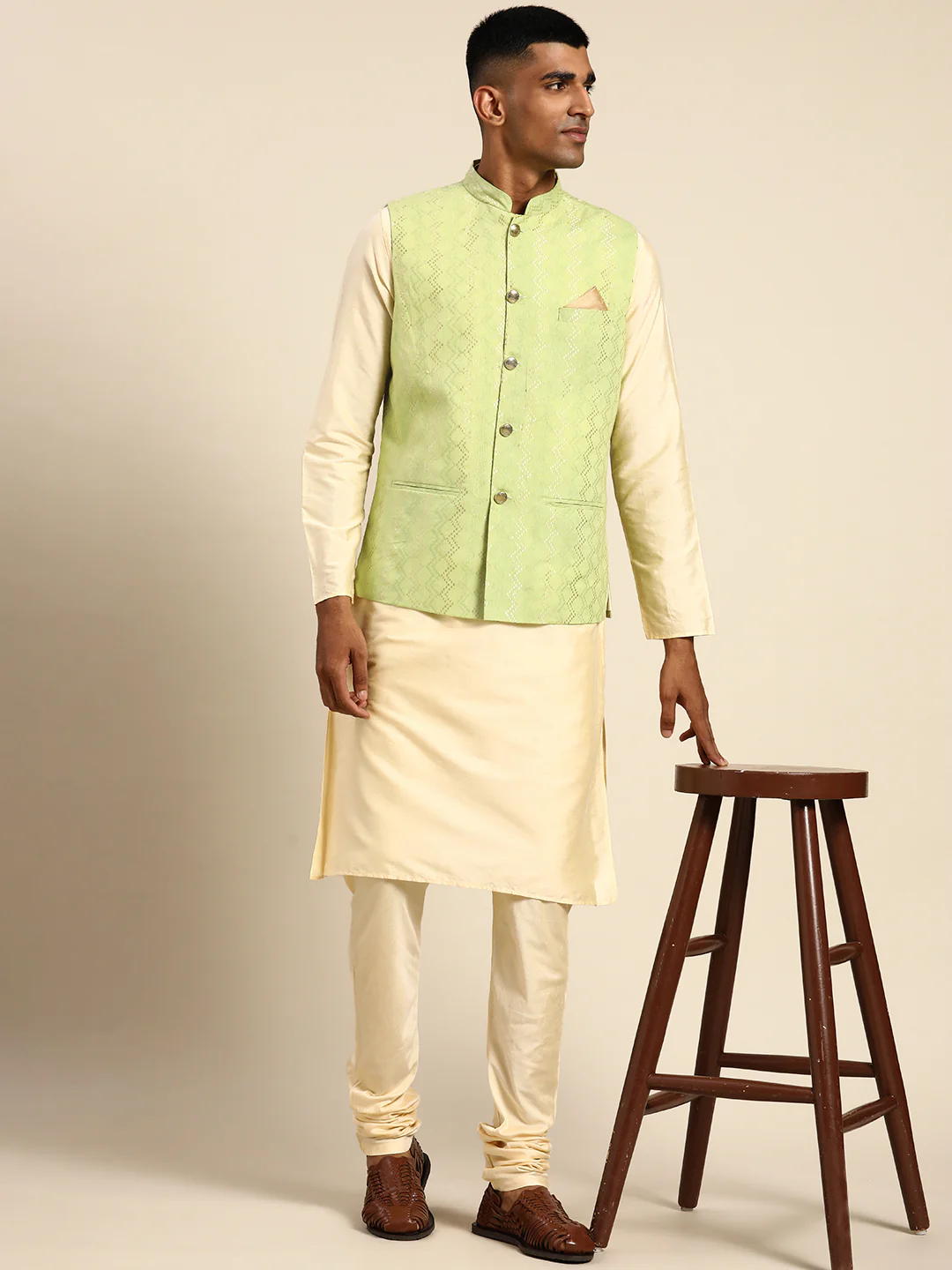 Men Green Color Kurta Jacket Set