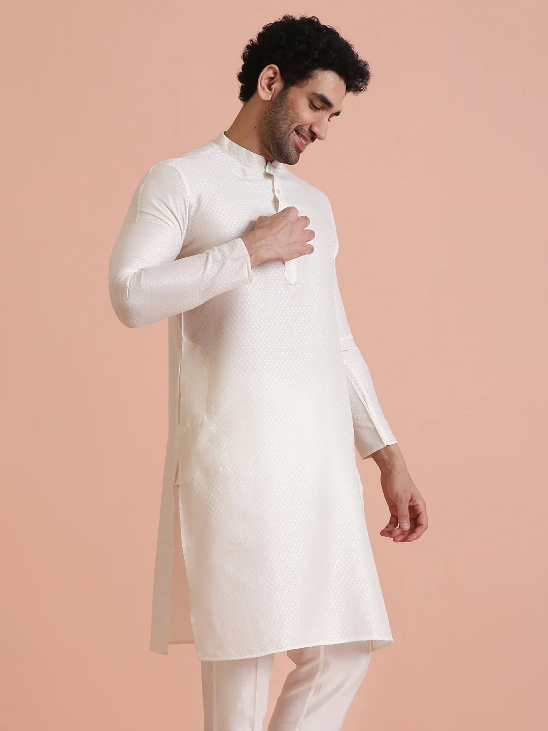 Men White Woven Design Kurta